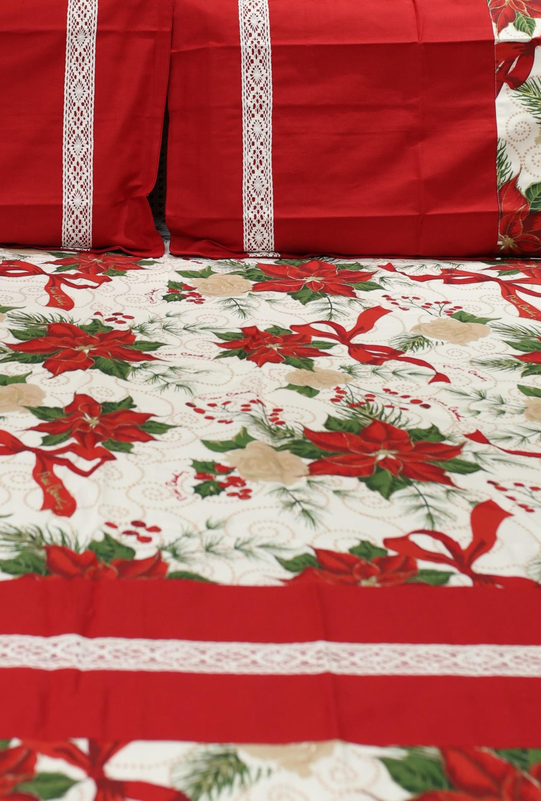 Bedsheets - Queen Premium check floral embroidery  bedsheet Xmas theme edition