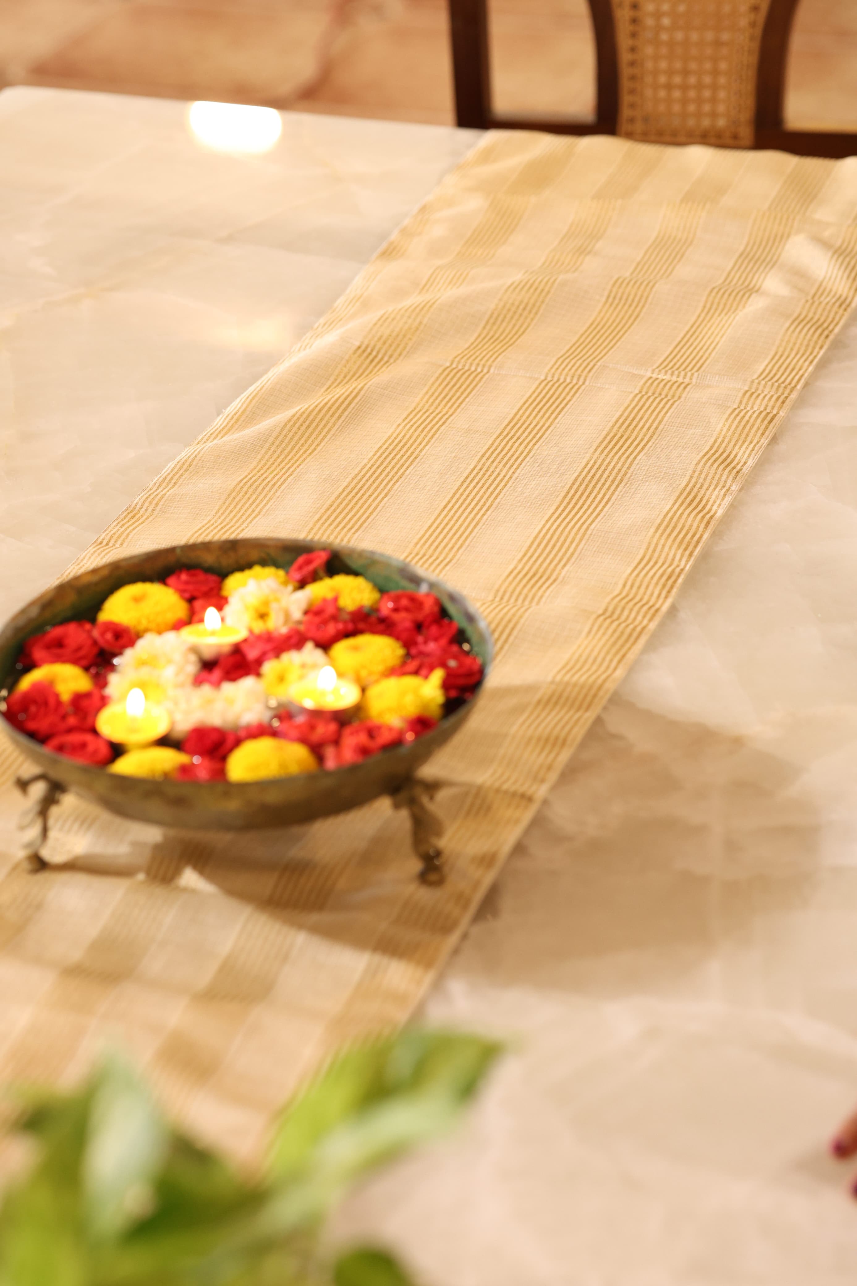 Onam Striped Table Runner with Ruffled Edges - 4 seater
