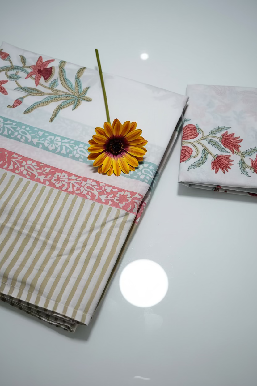 Bedsheets - King percale cotton handblock white lily  bedsheets