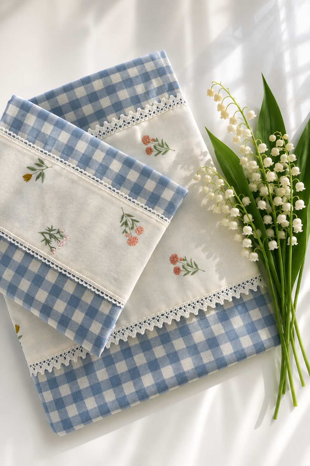 Bedsheets - King Premium check floral embroidery bedsheet