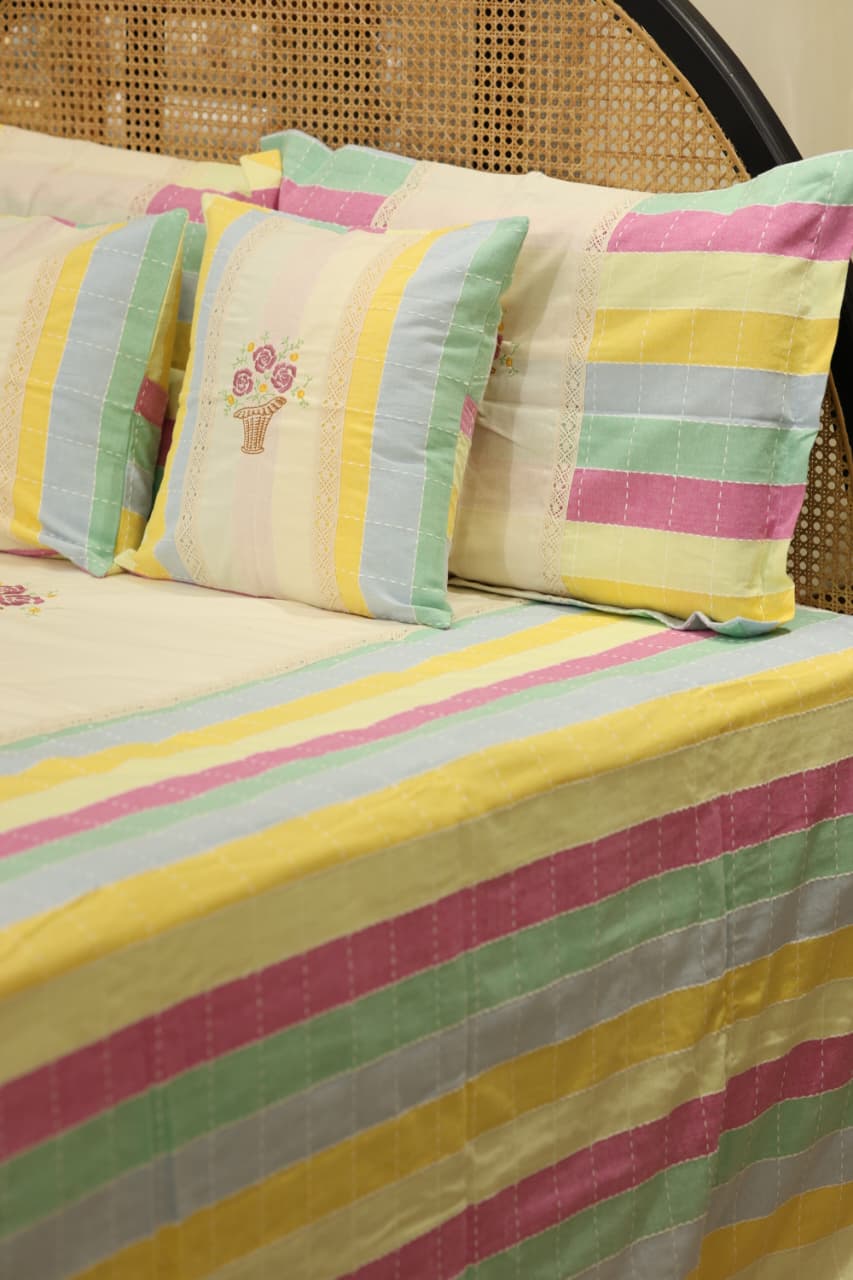 Pastel Stripe Premium Embroidery Cotton King Size Bedspread Set