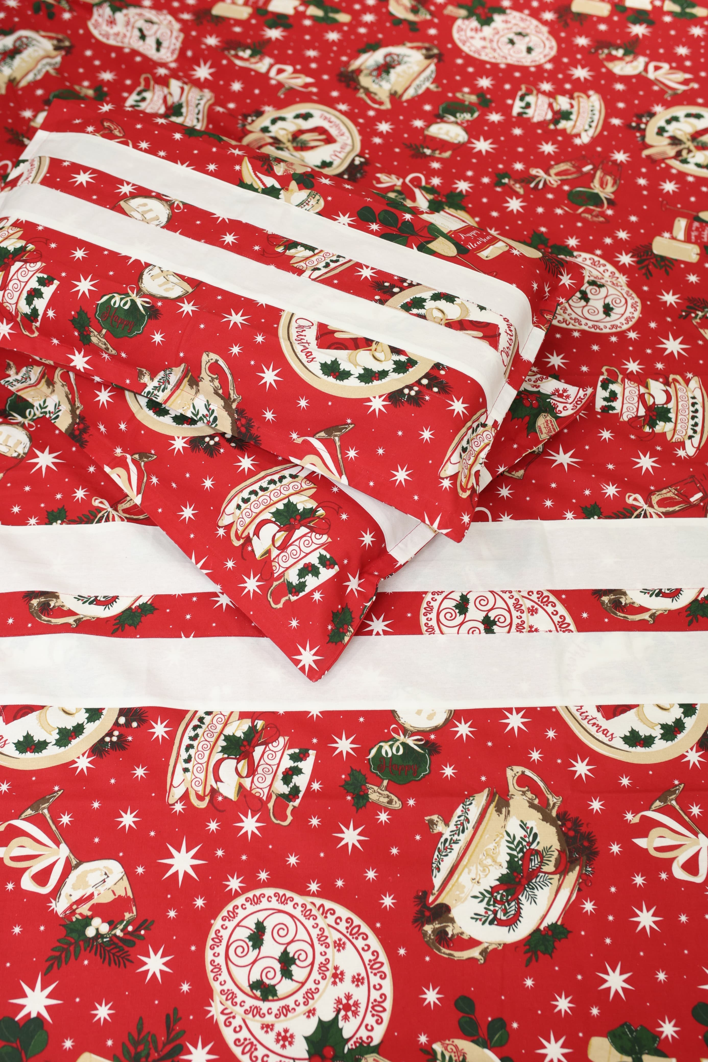 Bedsheets - Queen Premium check floral embroidery  bedsheet Xmas theme edition