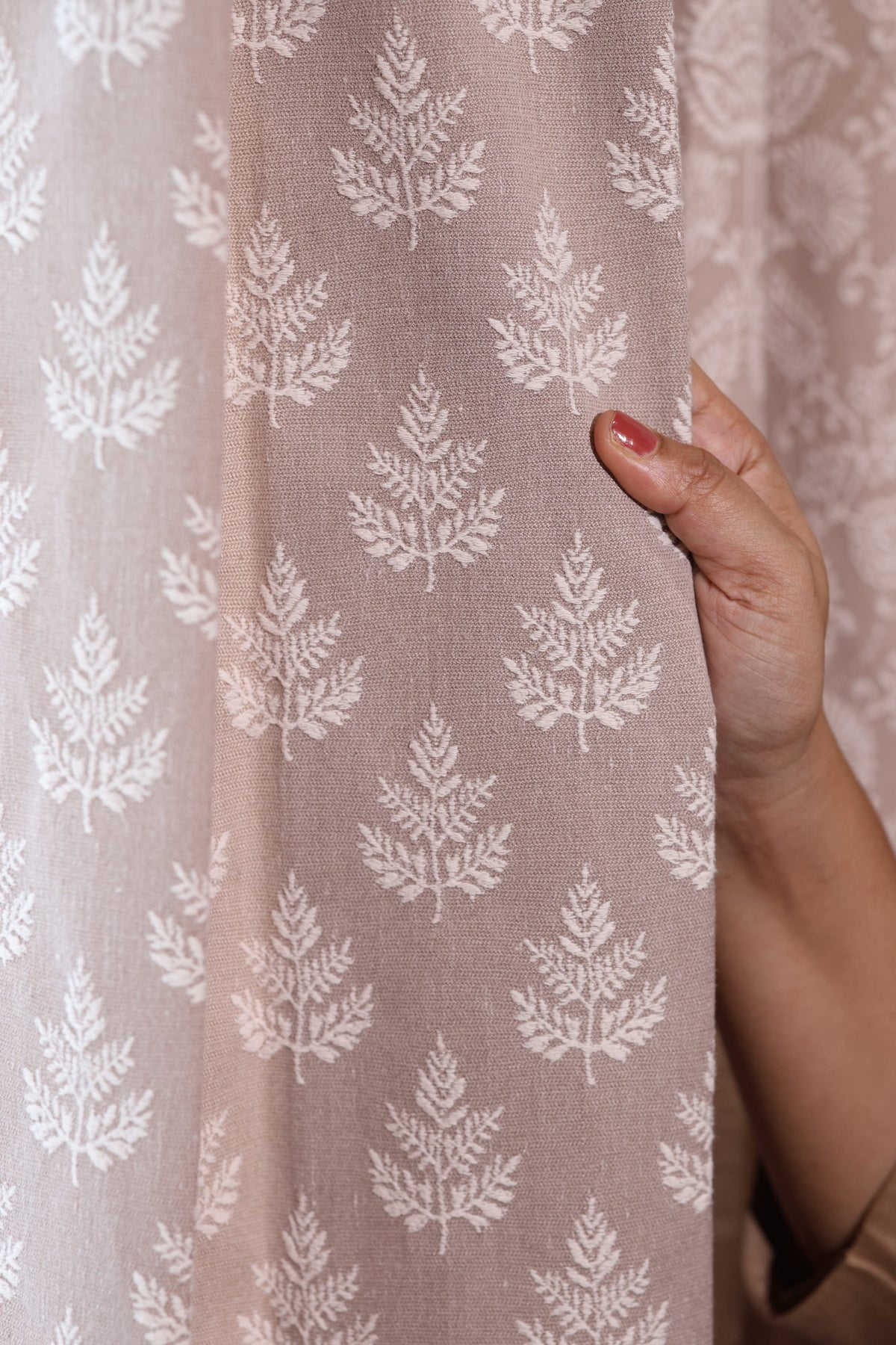 Injiri Premium Opaque Embroidery Curtain - Earth Pastel Botanical Leaf Motif