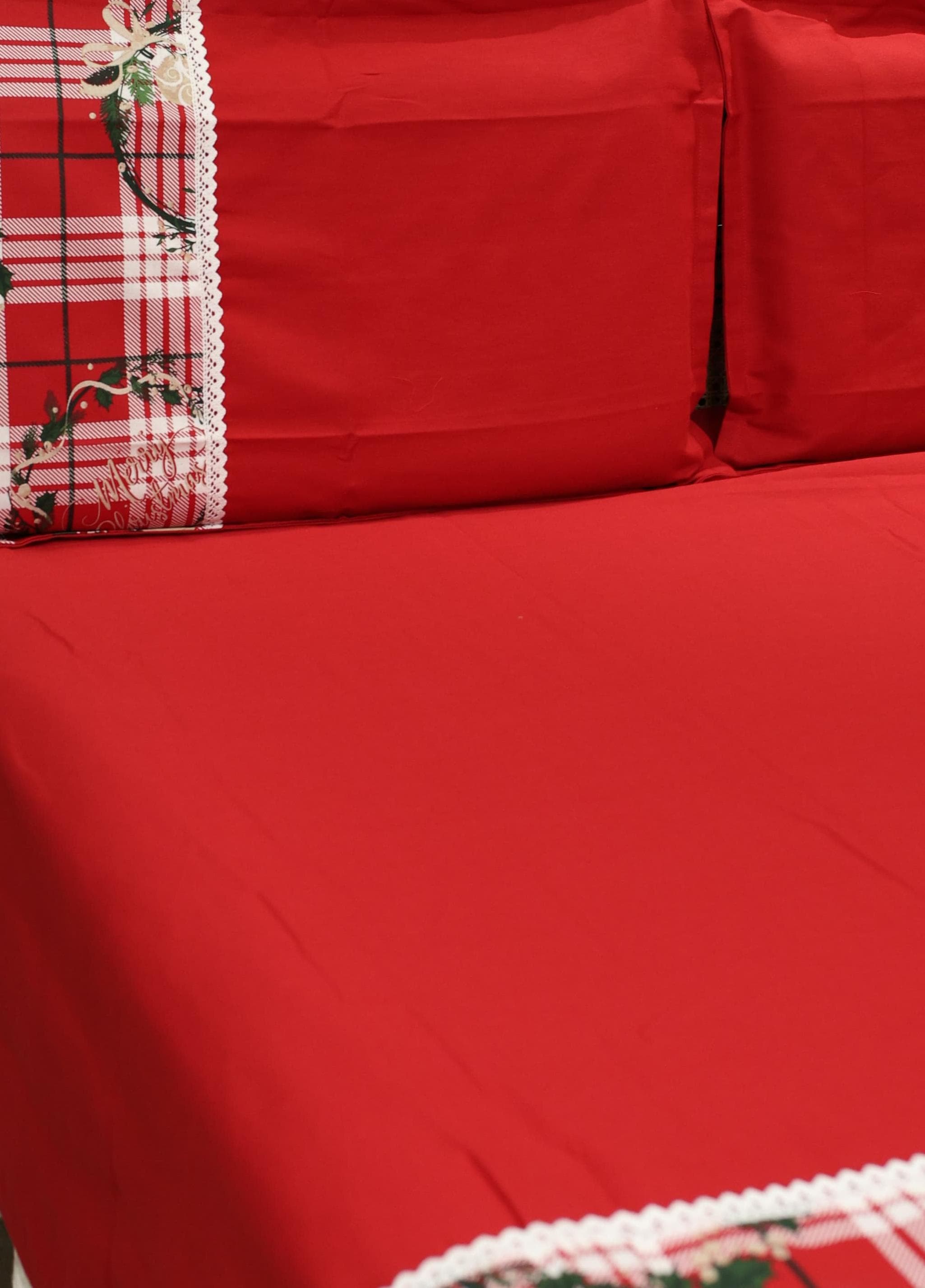 Bedsheets - Queen Premium check floral embroidery  bedsheet Xmas theme edition