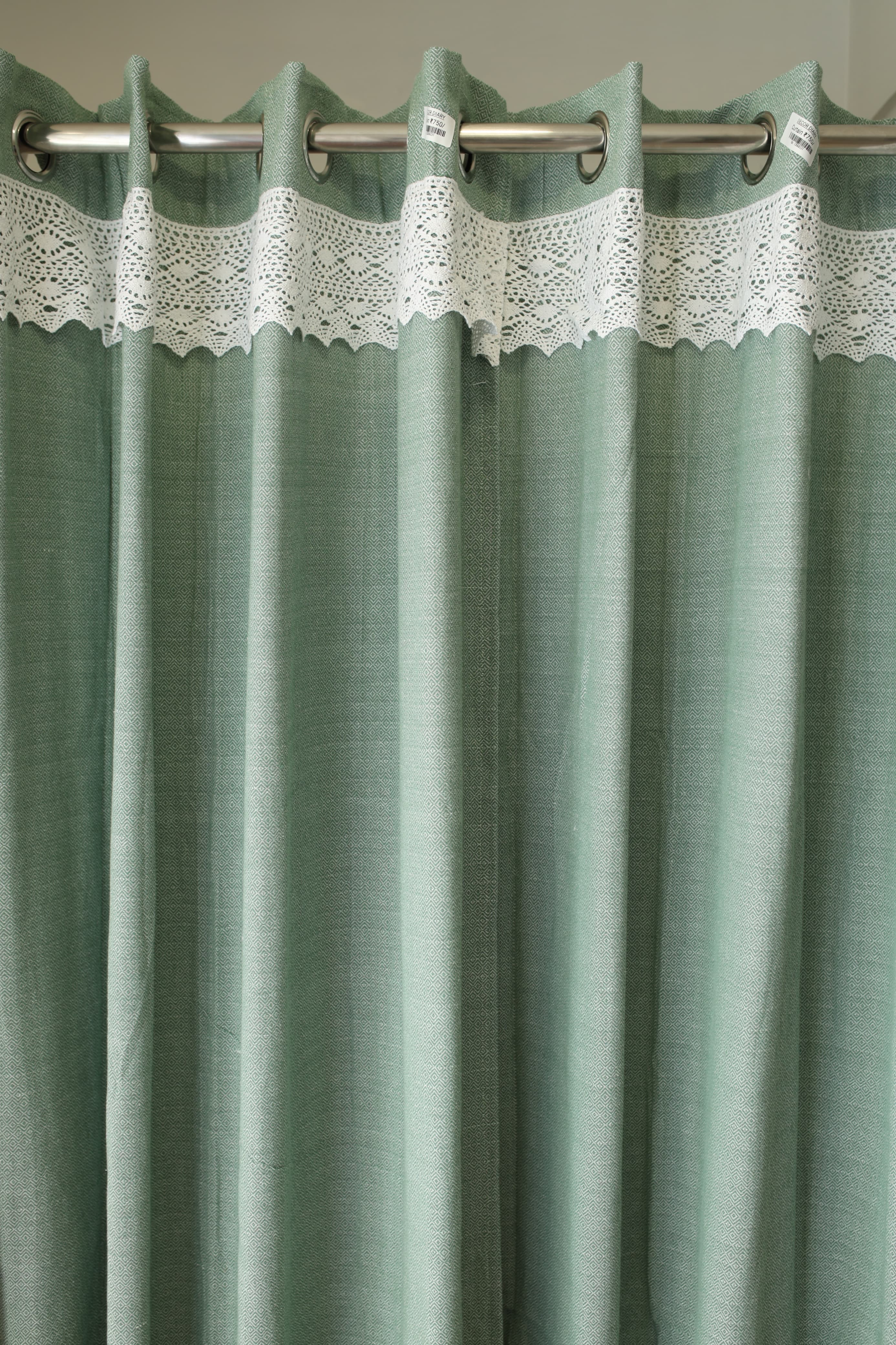 Green Woven Opaque Curtain with White Crochet Lace Border