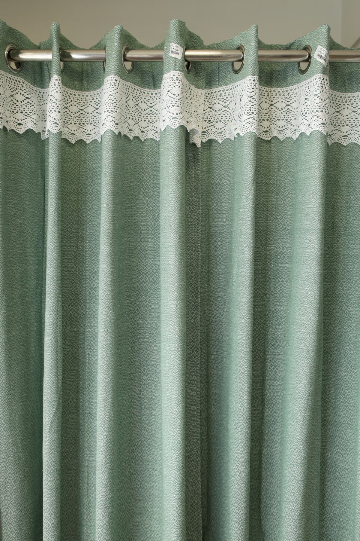 Green Woven Opaque Curtain with White Crochet Lace Border