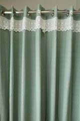 Green Woven Opaque Curtain with White Crochet Lace Border