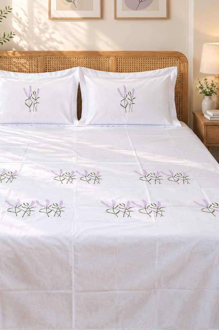 Queen Size Premium Machine Embroidery Bedsheet Set with 2 Pillow Covers (90x100)