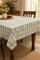 Classic Checkered 6 -Seater Tablecloth with Embroidered Lace Border