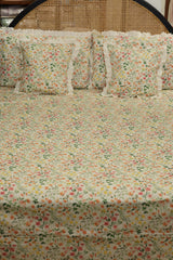 Bedsheets - Premium king floral printed lace bedsheet with cushion covers yellow bud