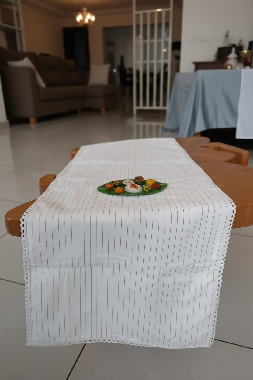 Onam Striped Table Runner with Side Lace - 8 seater