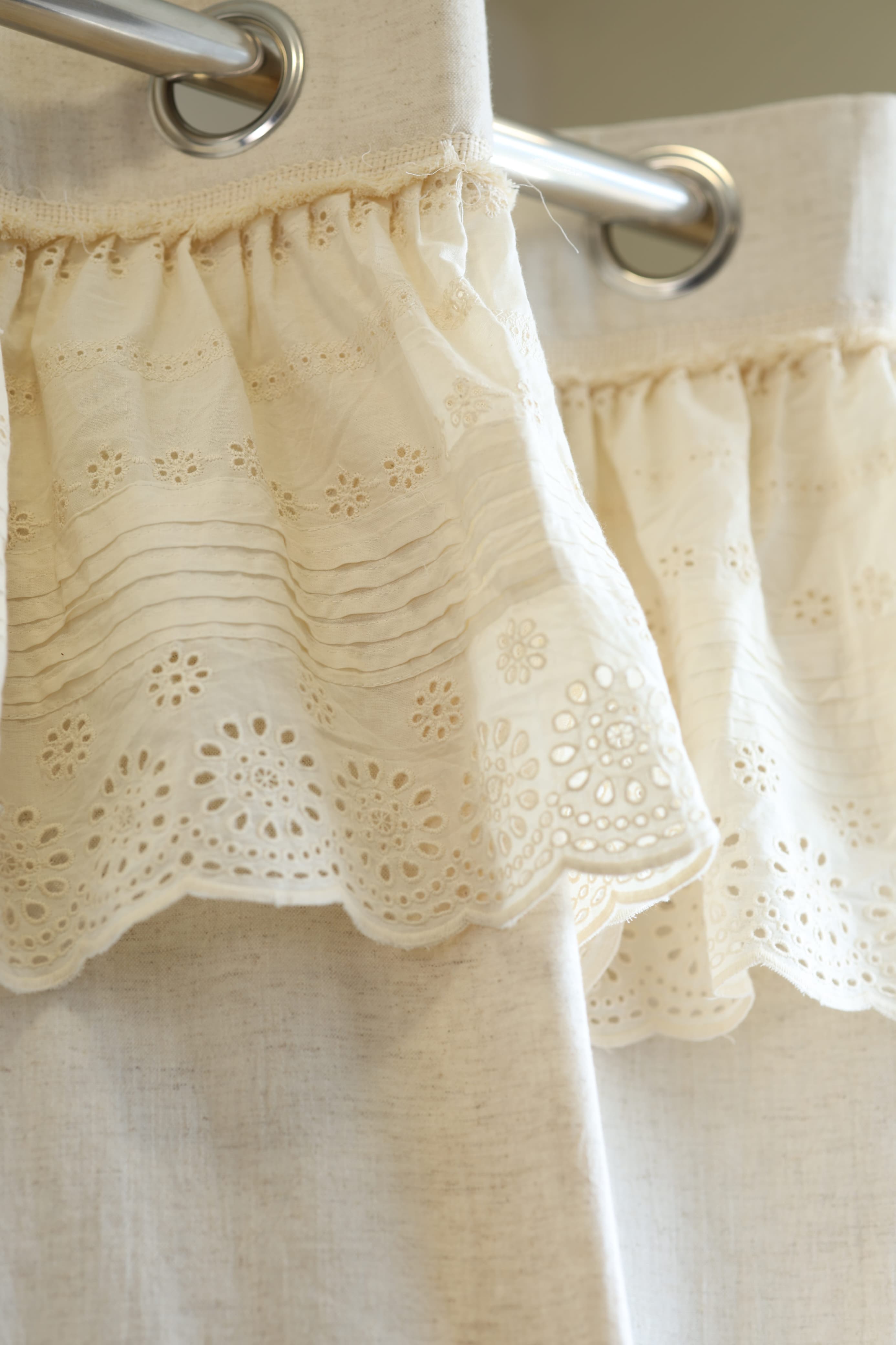 Ivory Lace Crochet with hakoba frill opaque curtains cottage frills