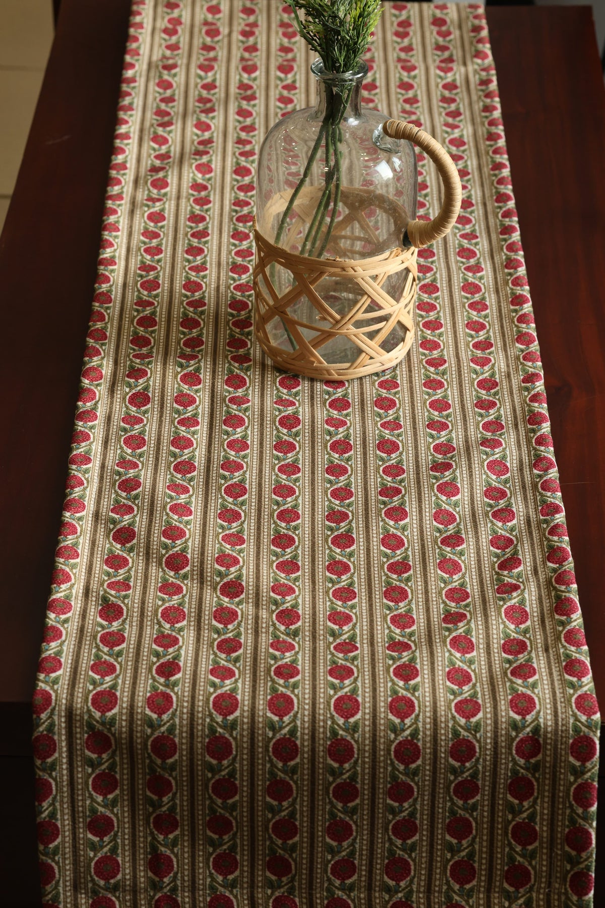 Red Floral Striped 6 seater Table Runner