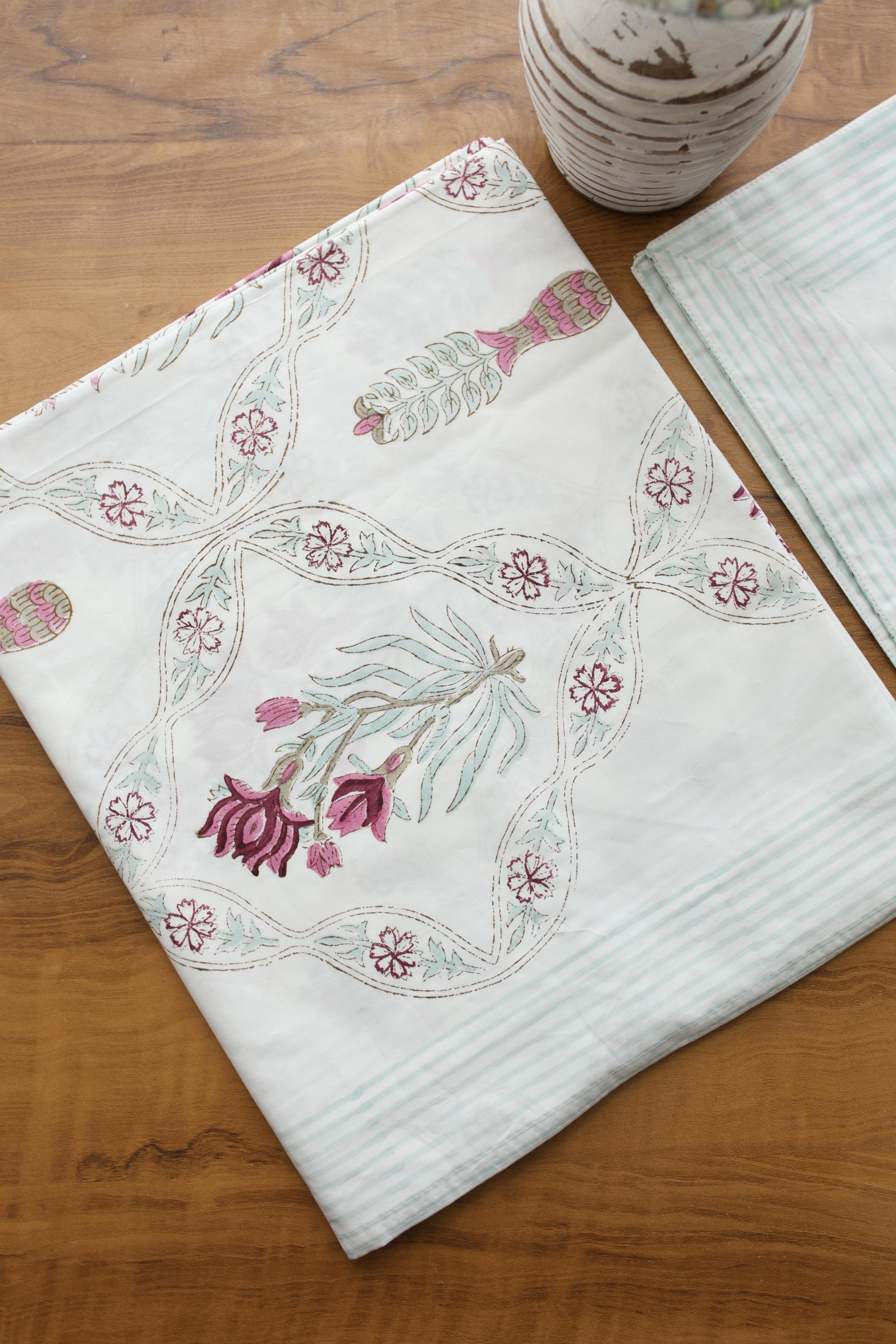 White Lilly Cotton Handblock Percale Single Bedsheet