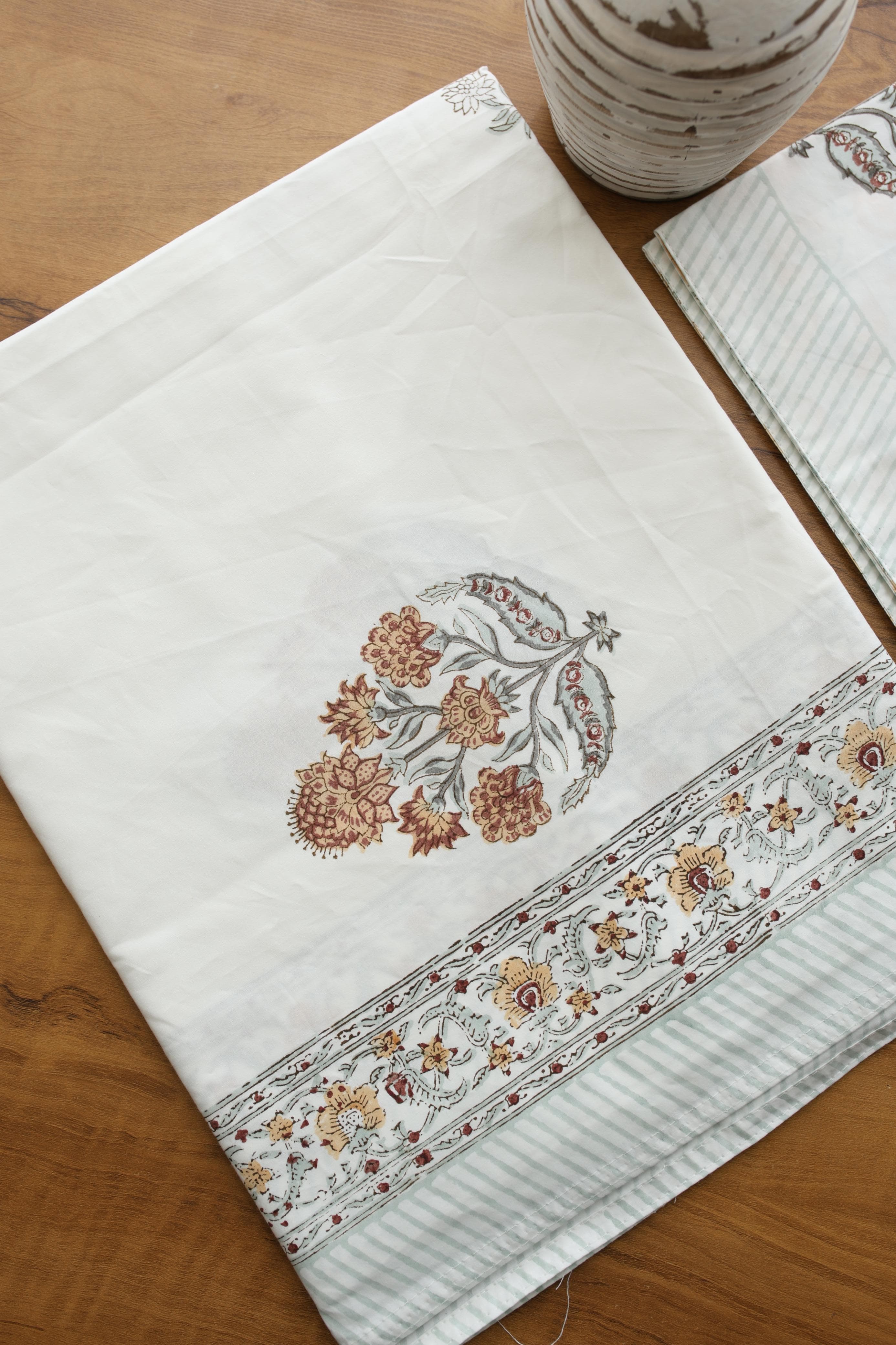 White Lilly Cotton Handblock Percale Single Bedsheet