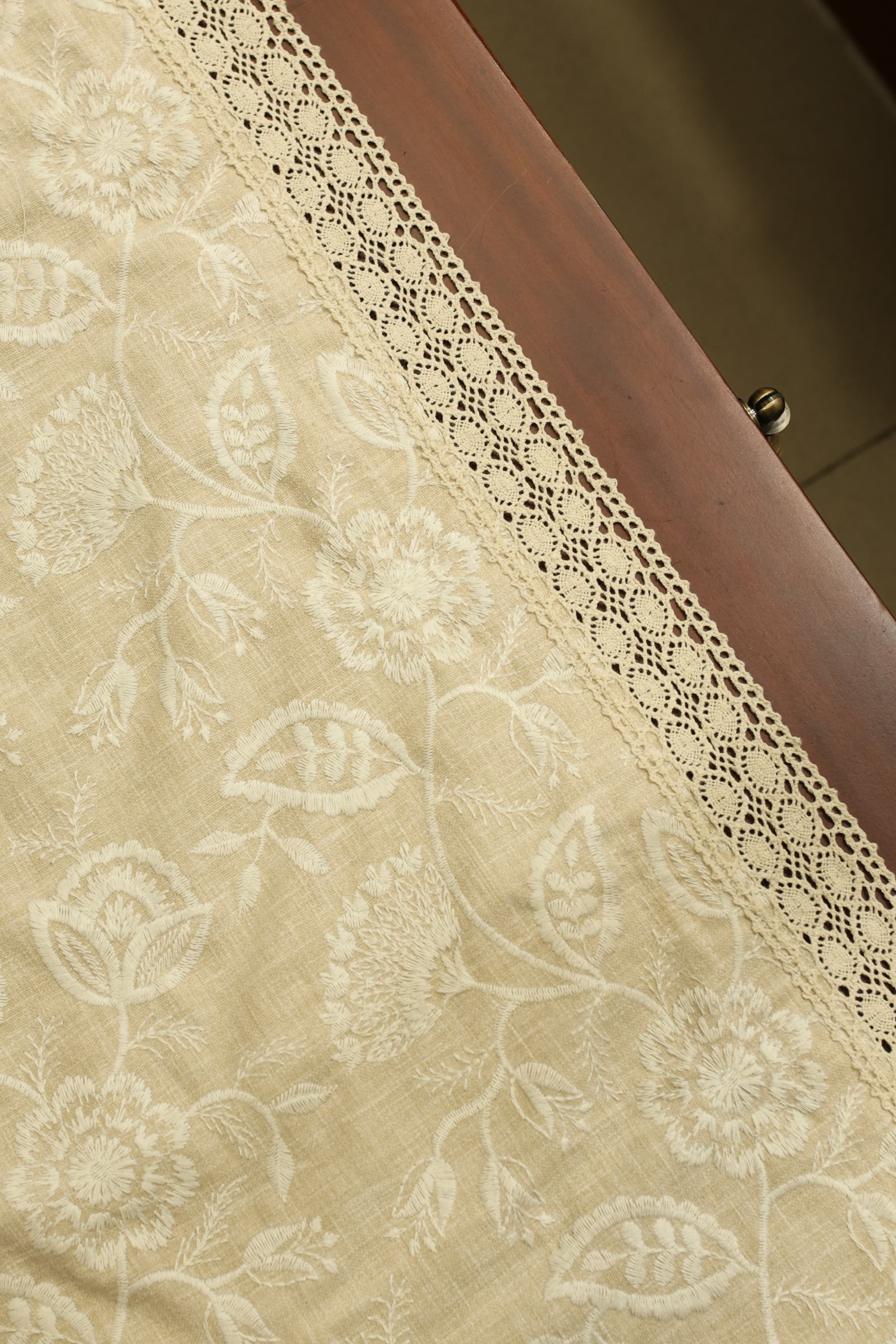 Embroidered Floral 6 Seater Table Runner with Lace Border