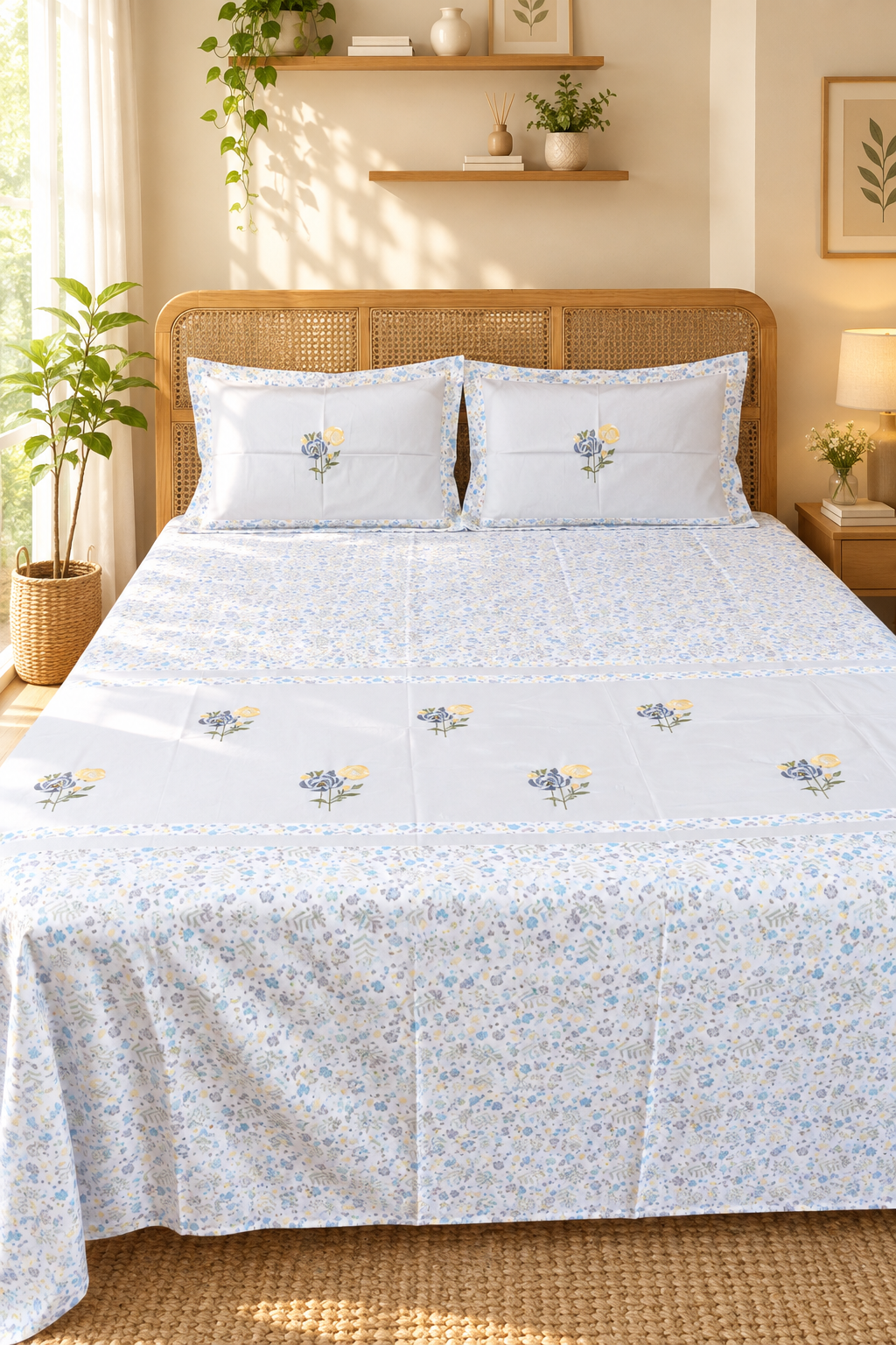 King Size Premium Machine Embroidery Bedsheet Set with 2 Pillow Covers (108x108)