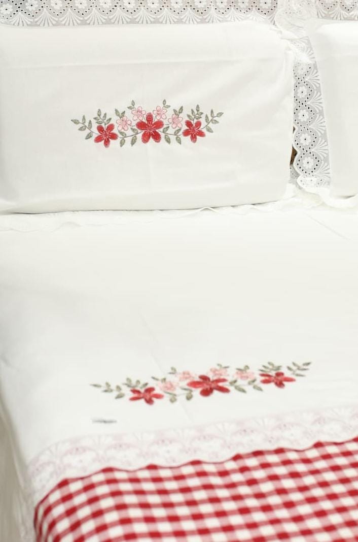 Bedsheets - Queen Premium check floral embroidery  bedsheet Xmas theme edition
