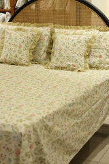 Bedsheets - Premium Queen floral printed lace bedsheet with cushion covers bud