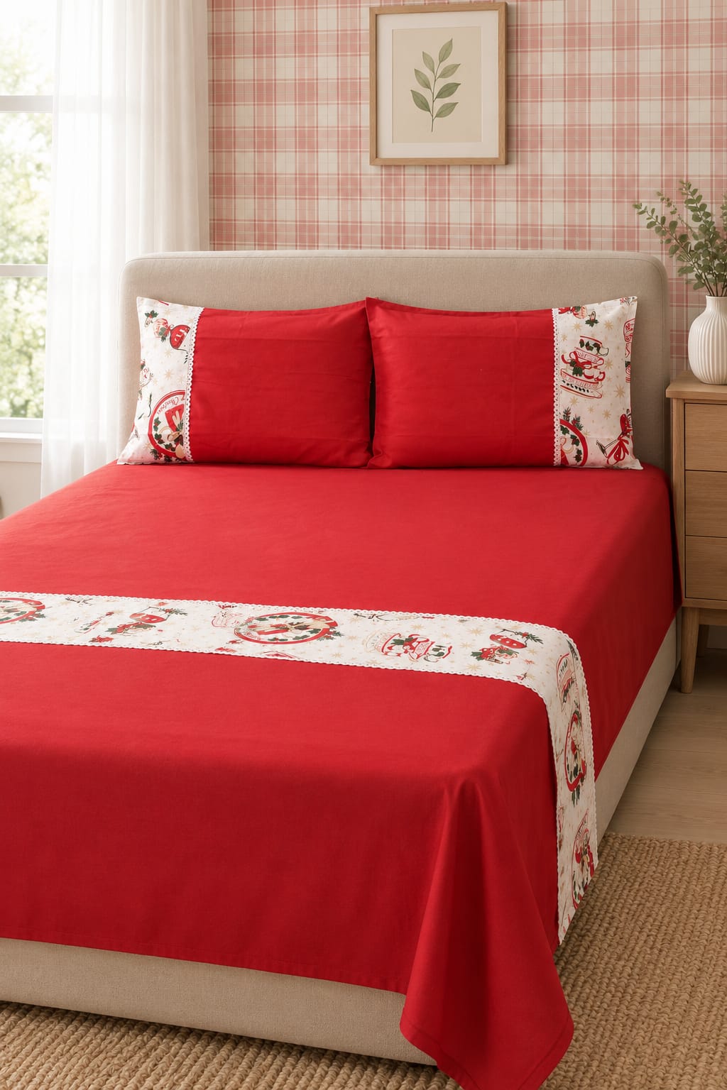 Bedsheets - Queen Premium check floral embroidery  bedsheet Xmas theme edition