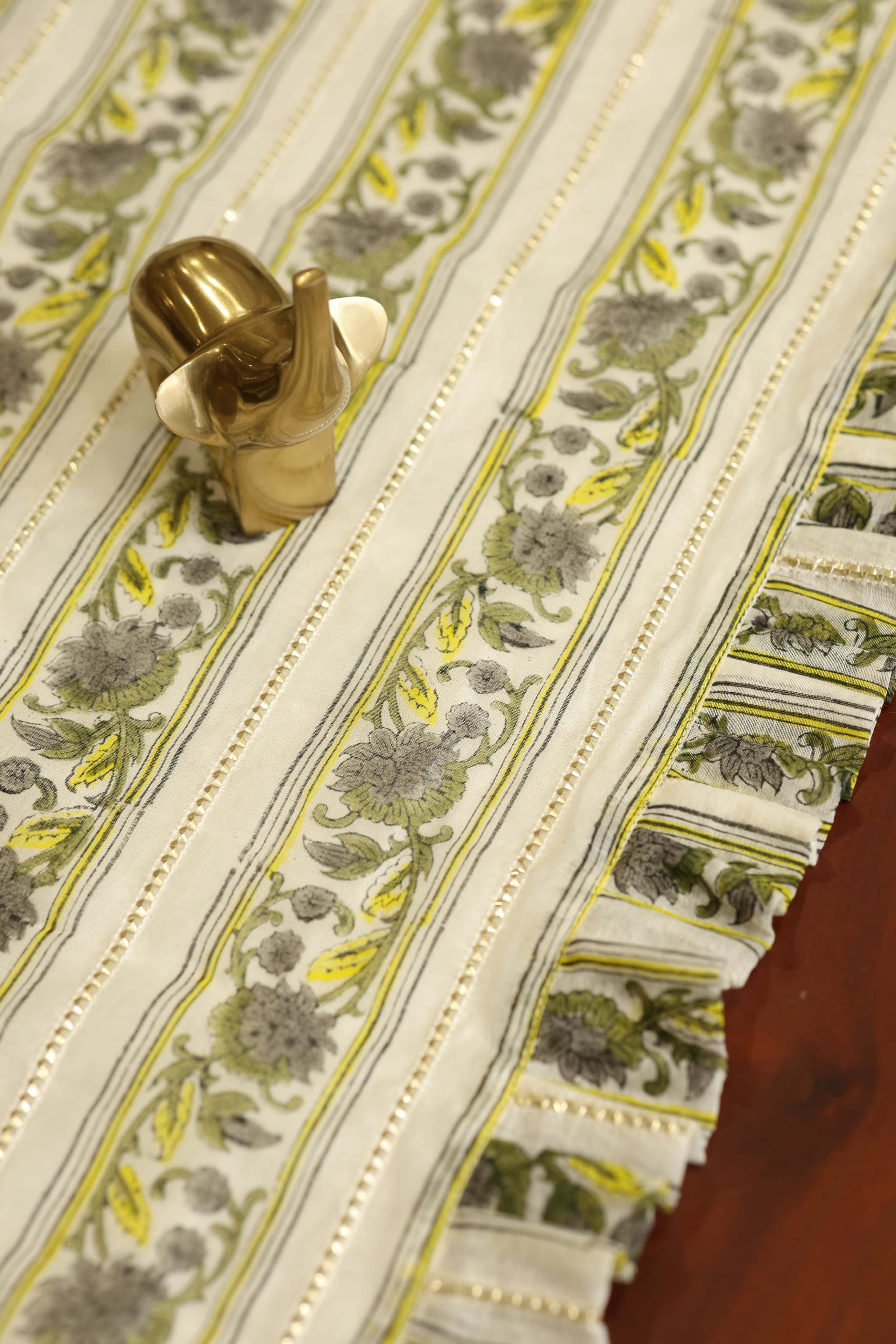 Onam Handblock Table Runner with Ruffled Edges - 4 seater