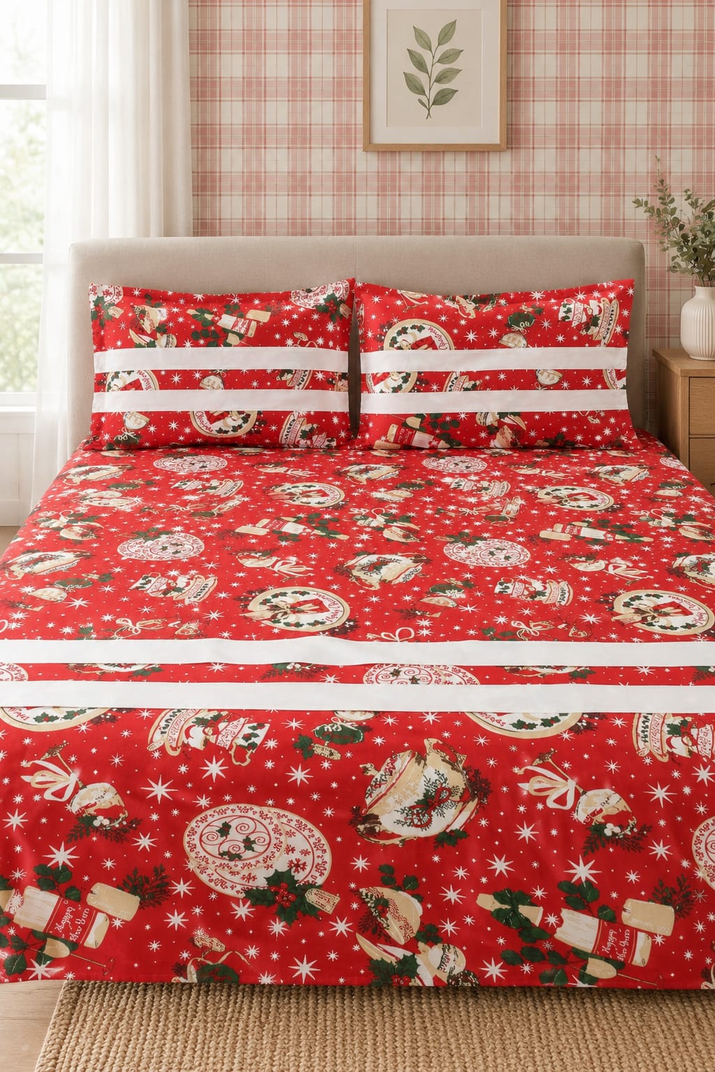 Bedsheets - Queen Premium check floral embroidery  bedsheet Xmas theme edition