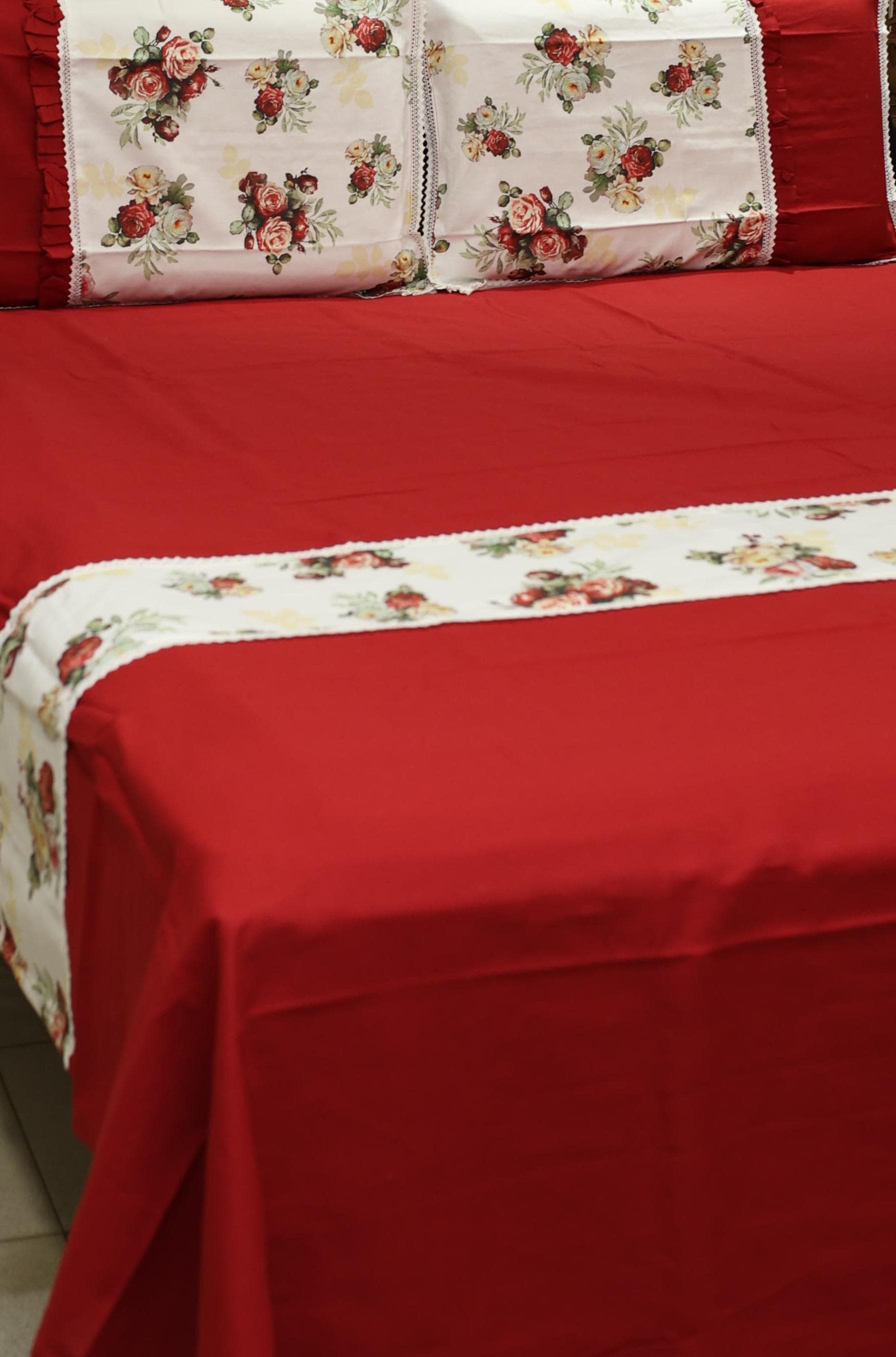 Bedsheets - Queen Premium check floral embroidery  bedsheet Xmas theme edition