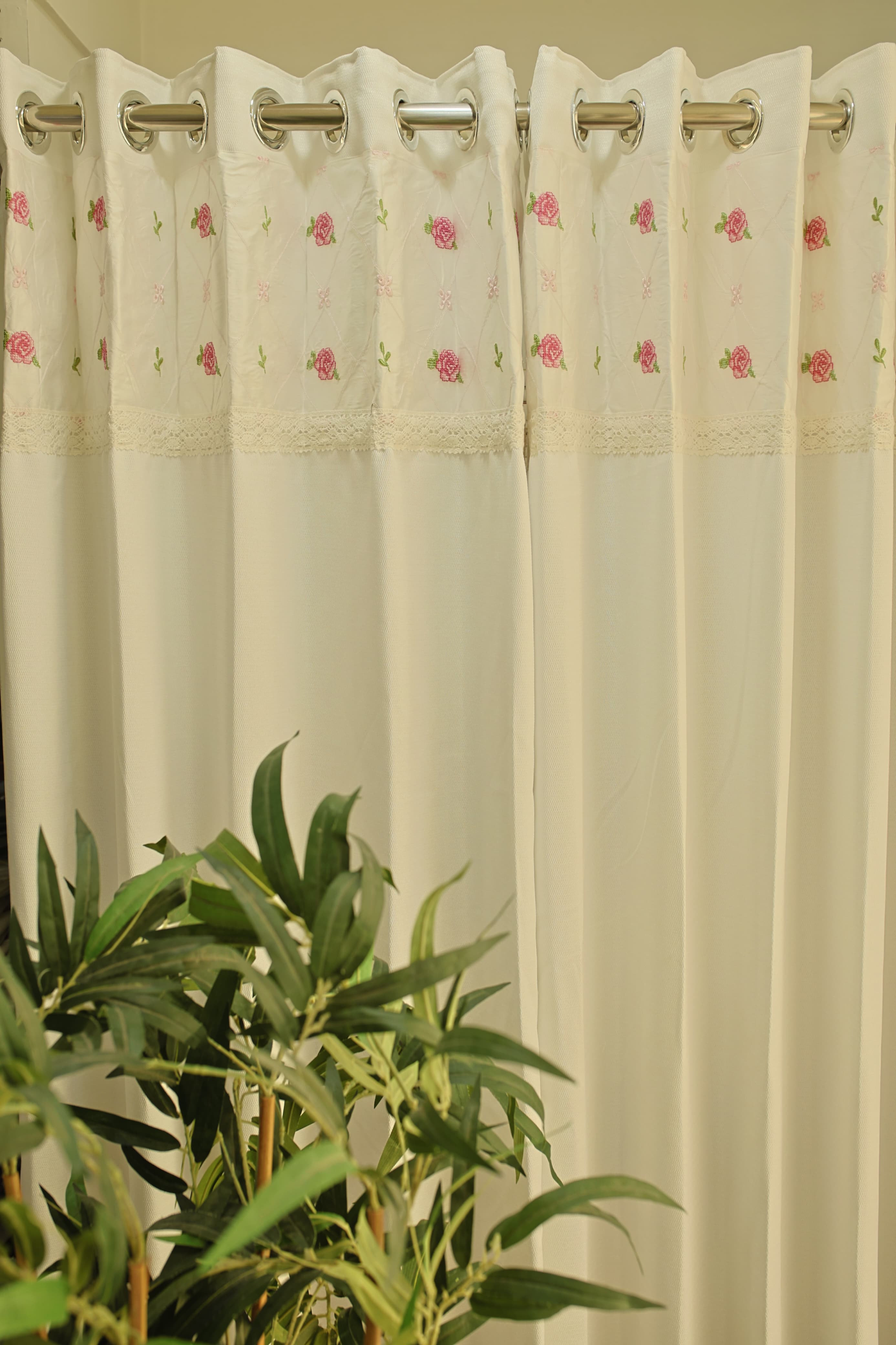 Curtains : Premium designer cross stitch embroidery curtains pure white colour