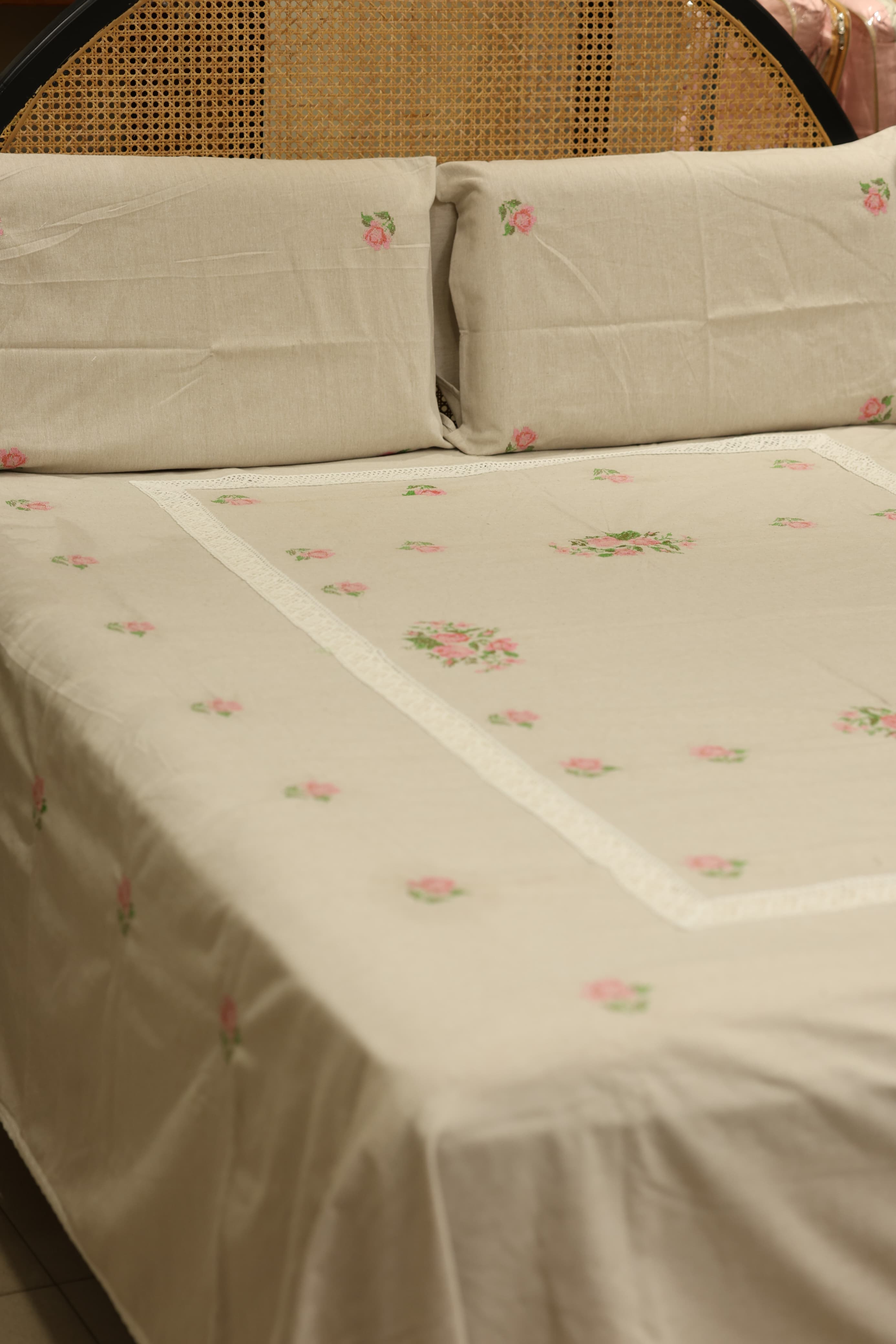 Premium Cross stitch Embroidery Cotton King Size Bedspread Set