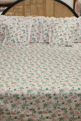 Bedsheets - Premium king floral printed lace bedsheet with cushion covers pink bud