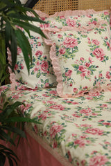 Bedsheets - Premium king floral printed lace bedsheet with cushion covers rose bud