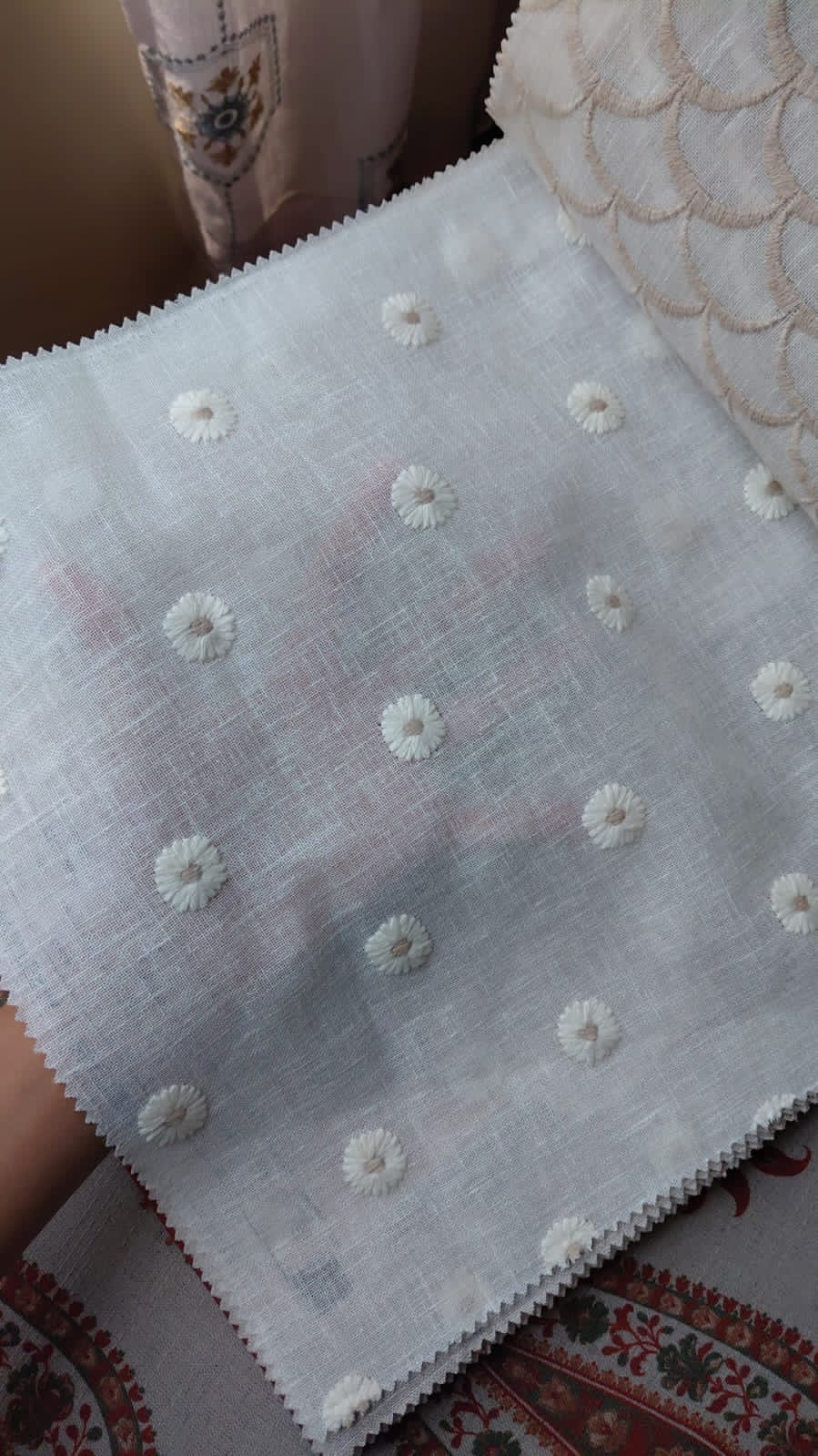 Premium Floral daisy embroidery Sheer Curtain : Cream/ off white  / White