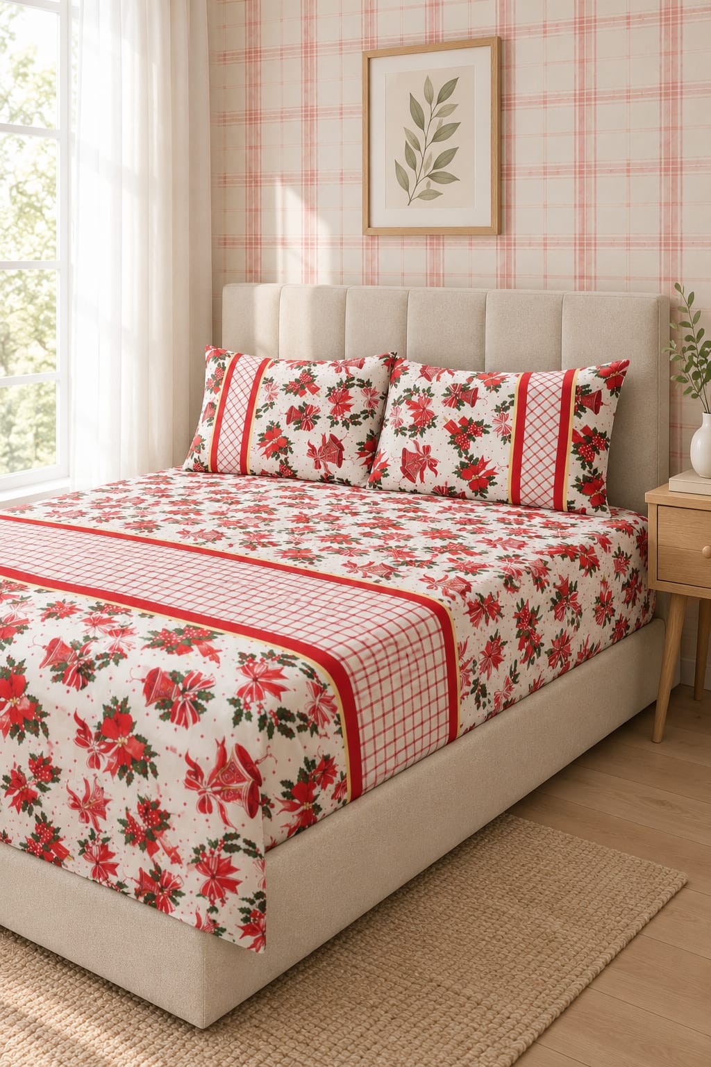 Bedsheets - Queen Premium check floral embroidery  bedsheet Xmas theme edition
