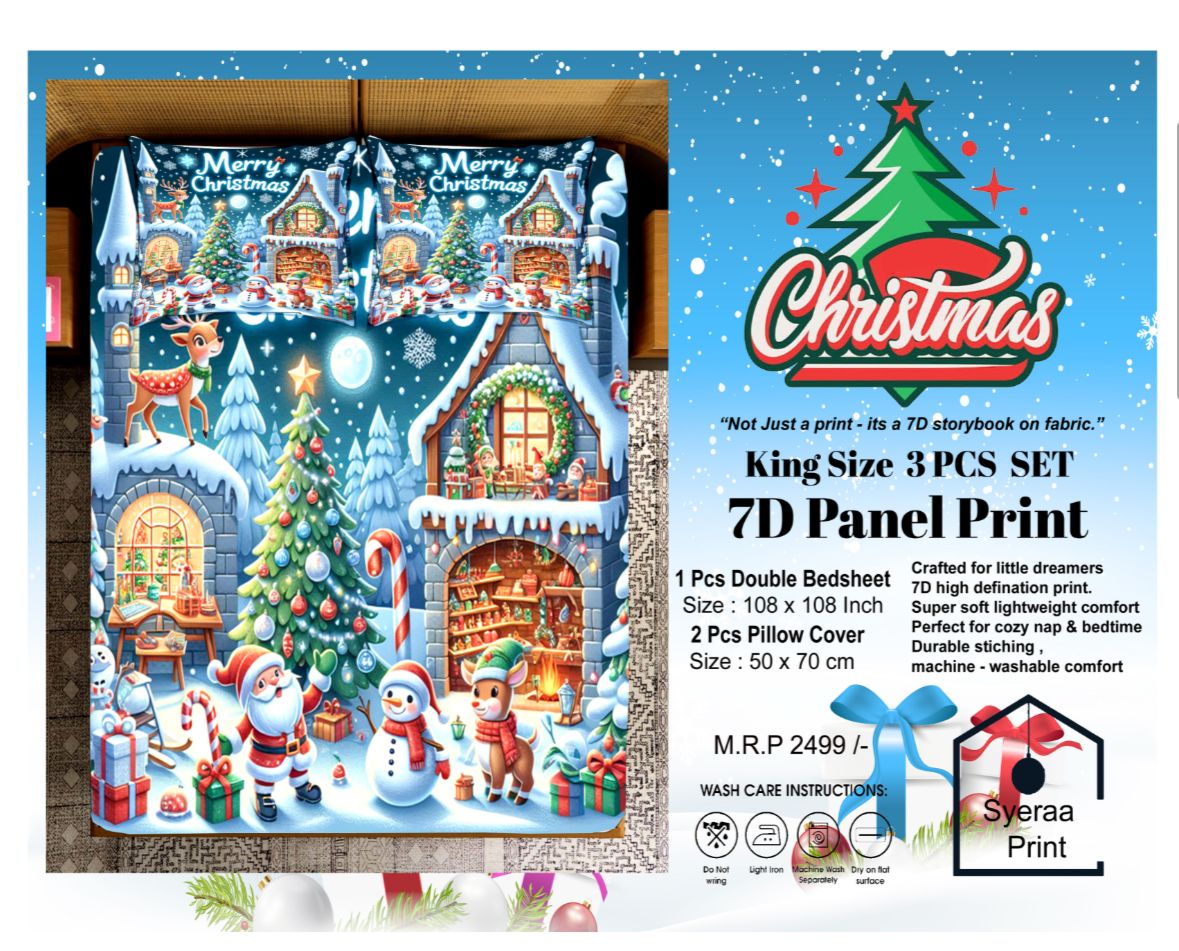 King size 7D Panel Print Bedsheet Set Xmas Edition