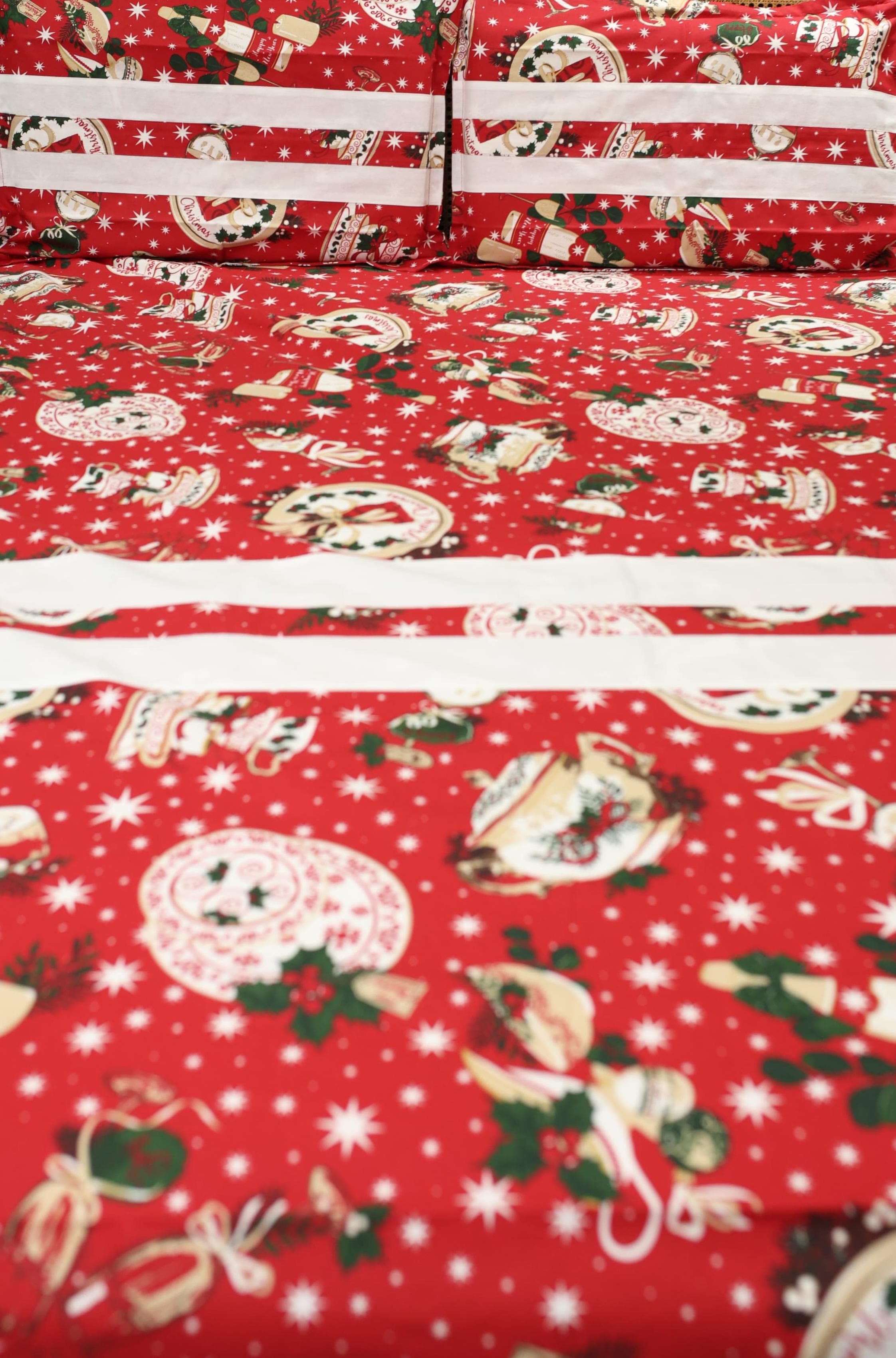 Bedsheets - Queen Premium check floral embroidery  bedsheet Xmas theme edition