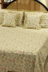 Bedsheets - Premium Queen floral printed lace bedsheet with cushion covers bud