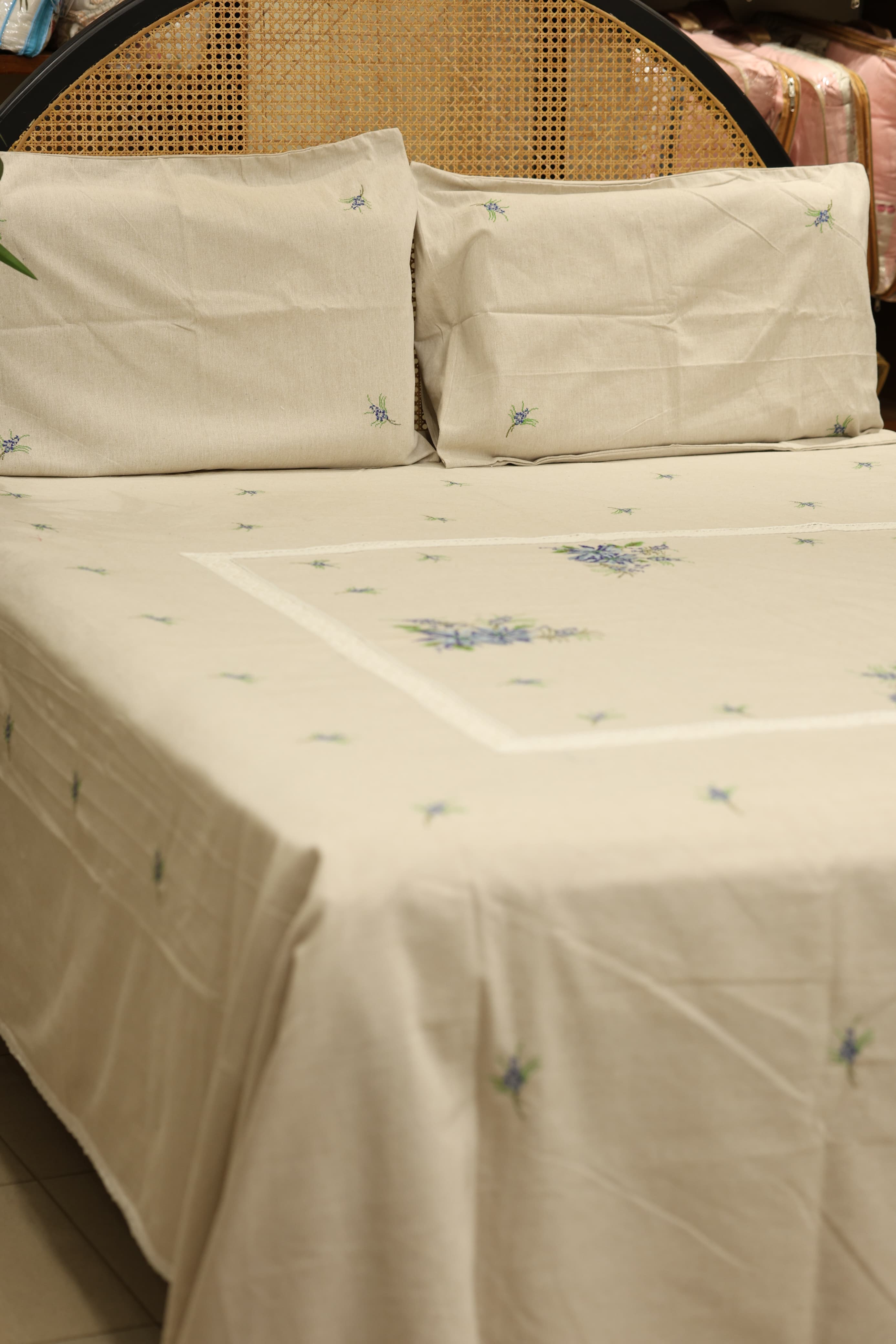 Premium Cross stitch Embroidery Cotton King Size Bedspread Set