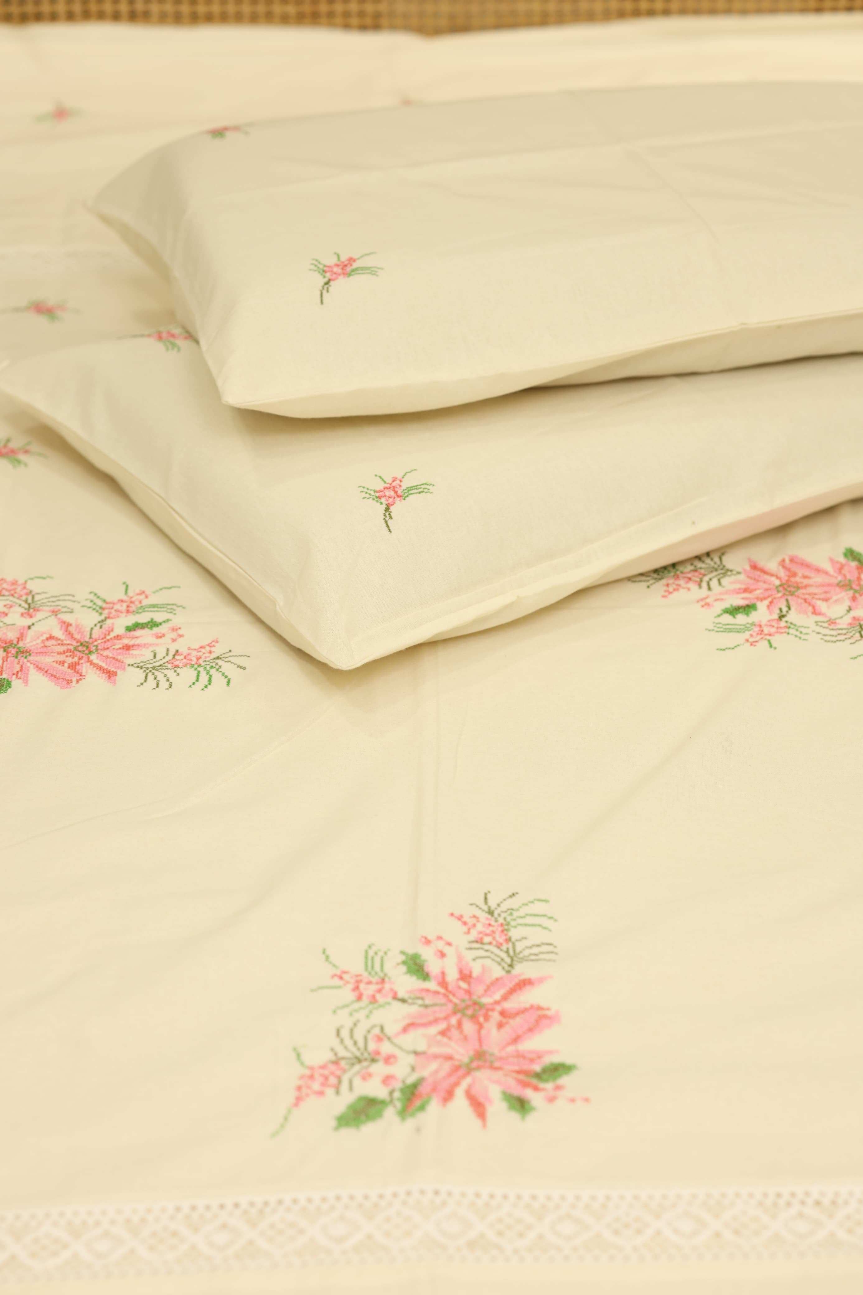 Premium Cross stitch Embroidery Cotton King Size Bedspread Set