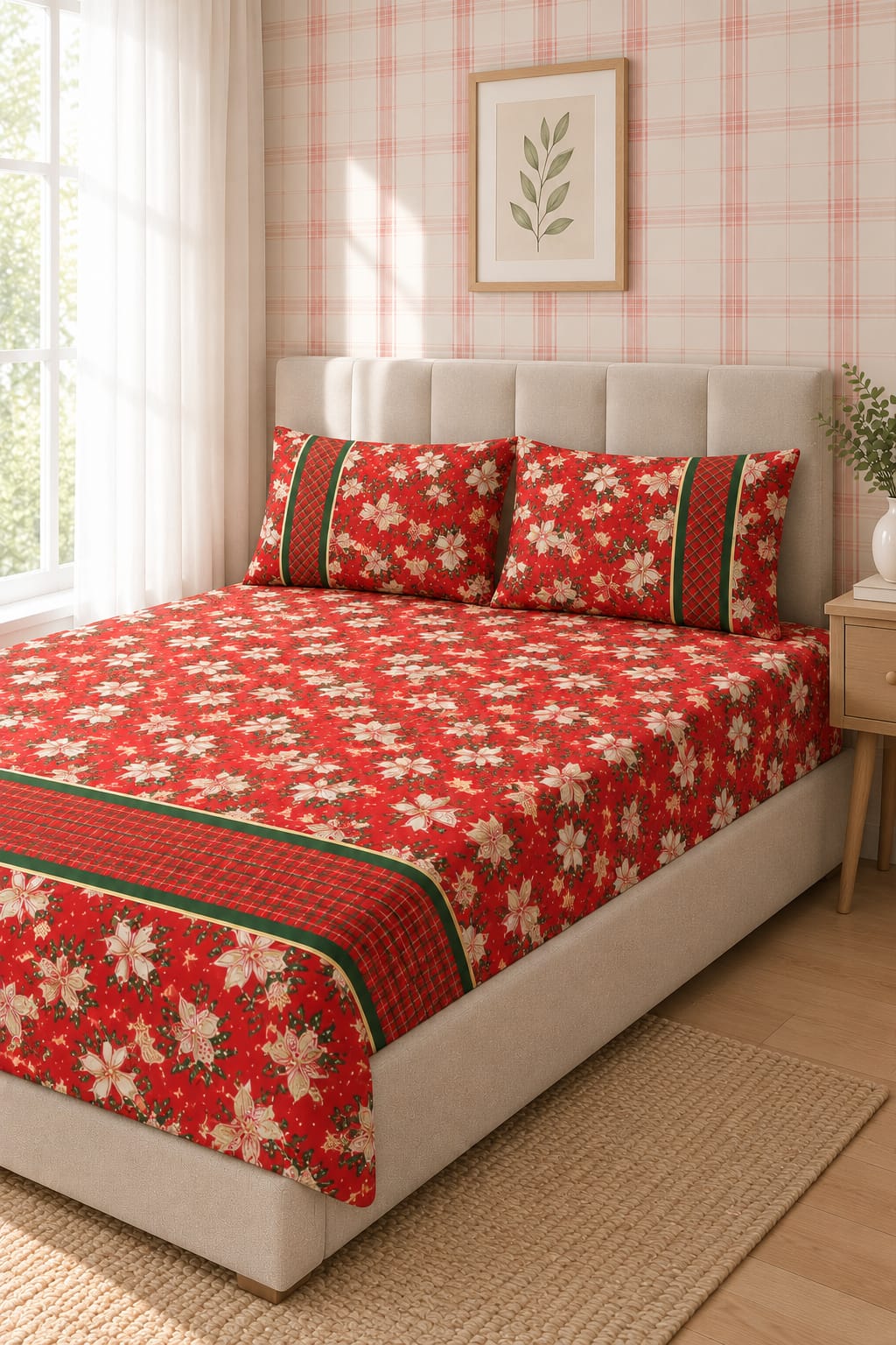 Bedsheets - Queen Premium check floral embroidery  bedsheet Xmas theme edition