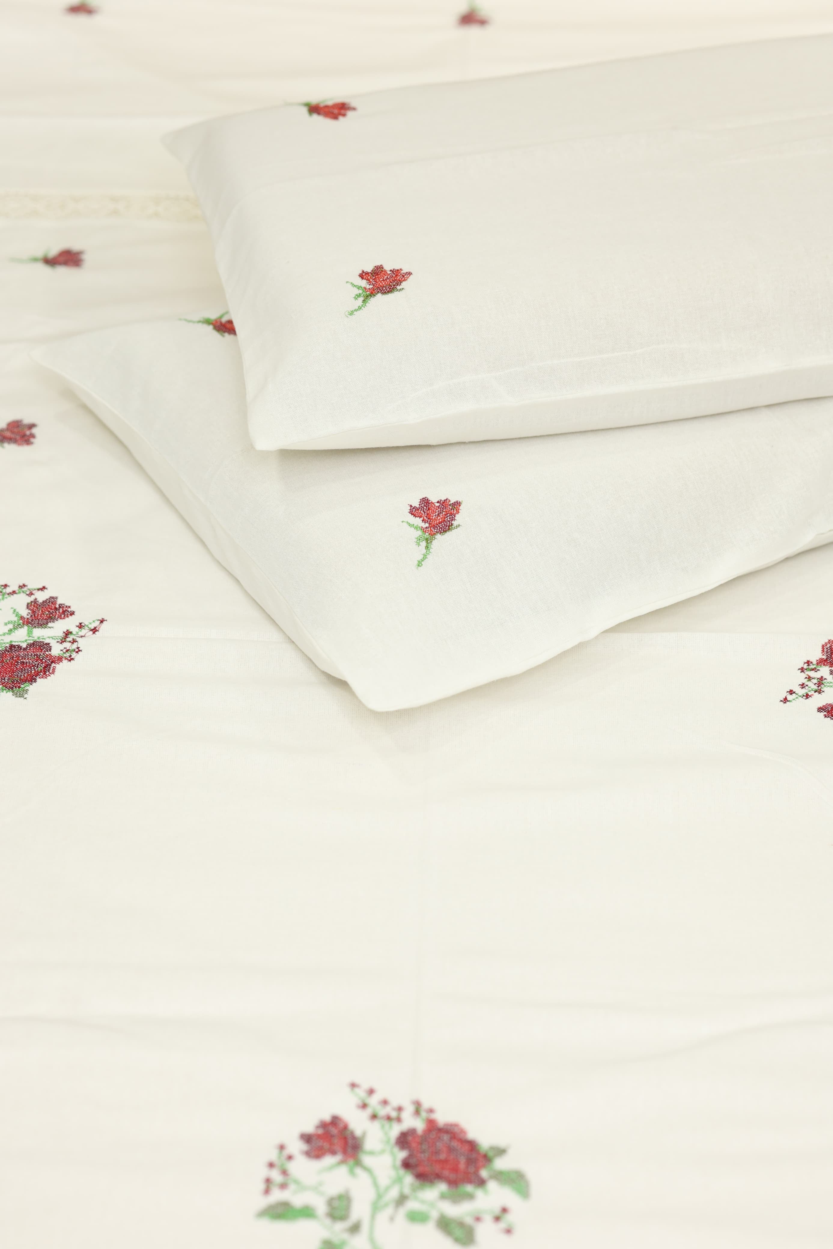 Premium Cross stitch Embroidery Cotton King Size Bedspread Set
