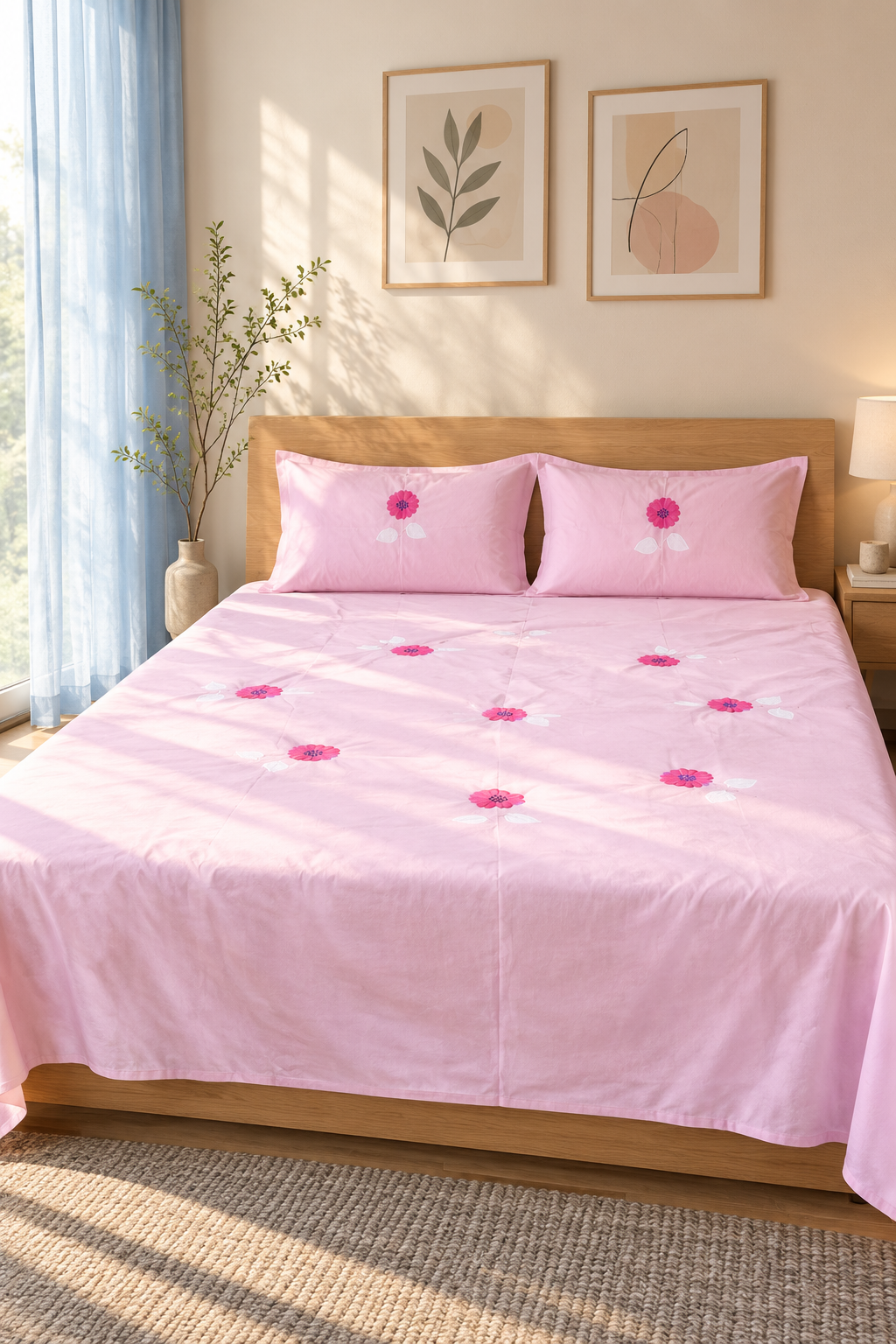 Queen Size Premium Machine Embroidery Bedsheet Set with 2 Pillow Covers (90x100)