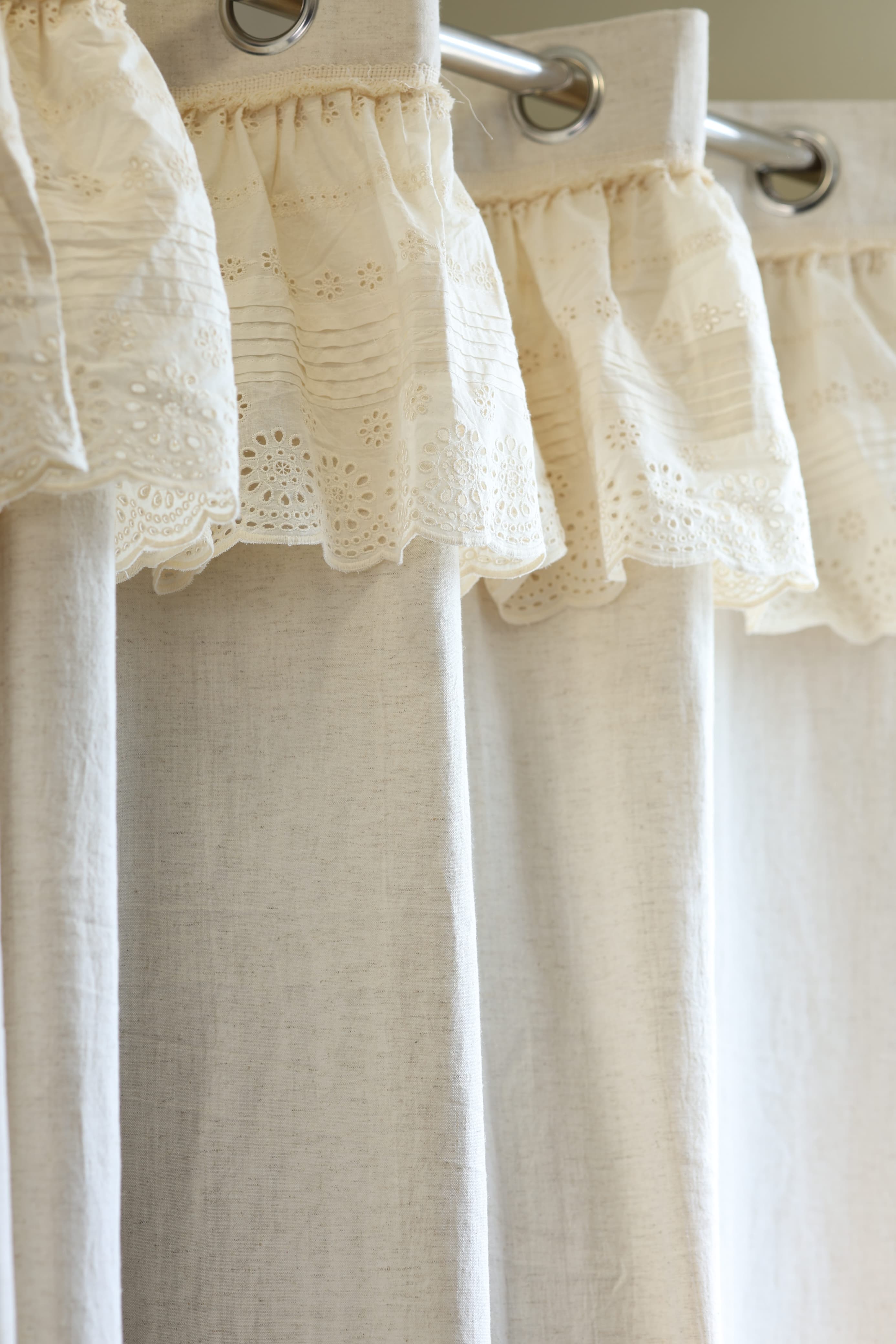 Ivory Lace Crochet with hakoba frill opaque curtains cottage frills