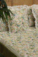 Bedsheets - Premium king floral printed lace bedsheet with cushion covers green bud