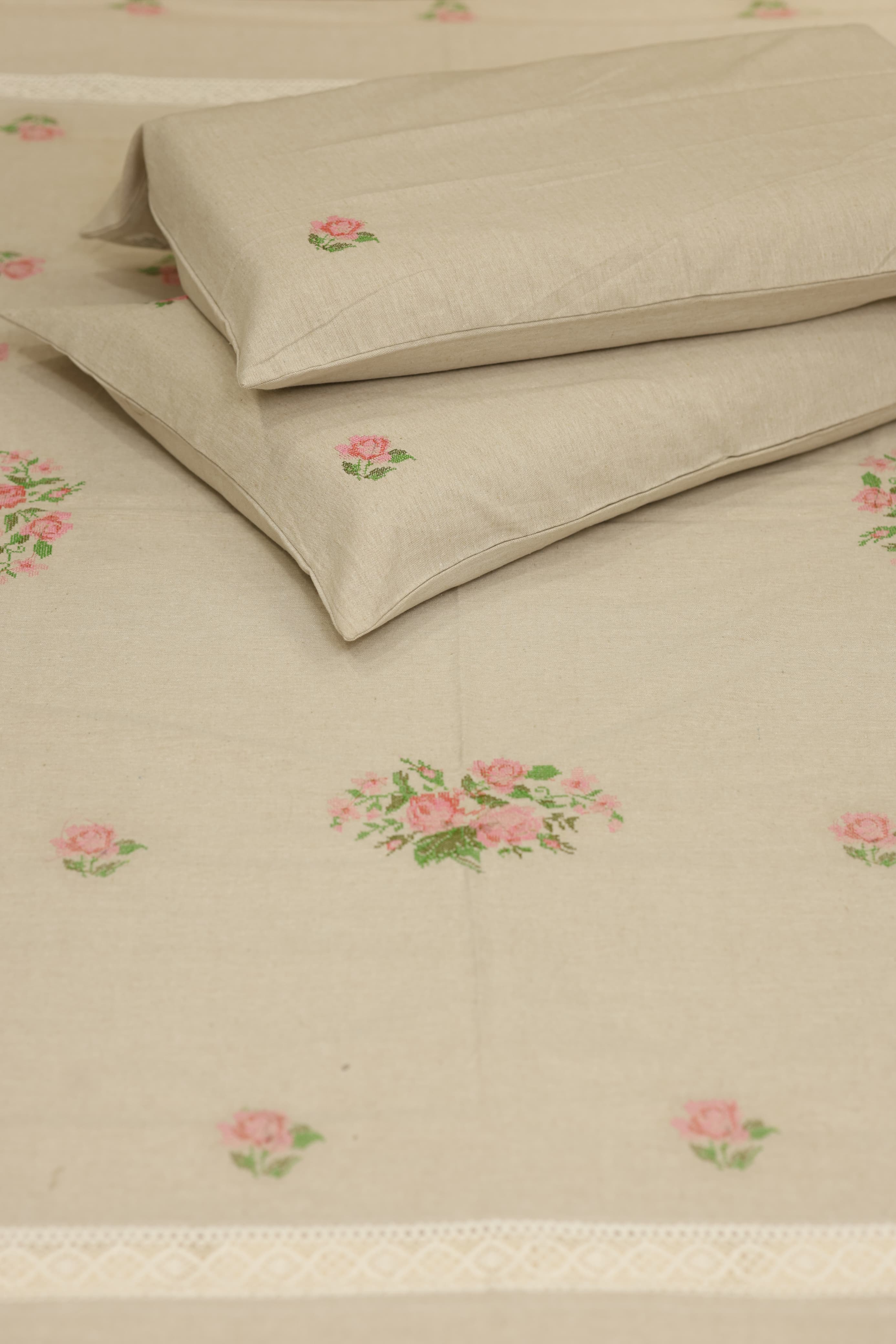 Premium Cross stitch Embroidery Cotton King Size Bedspread Set