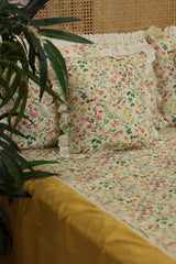 Bedsheets - Premium king floral printed lace bedsheet with cushion covers yellow bud