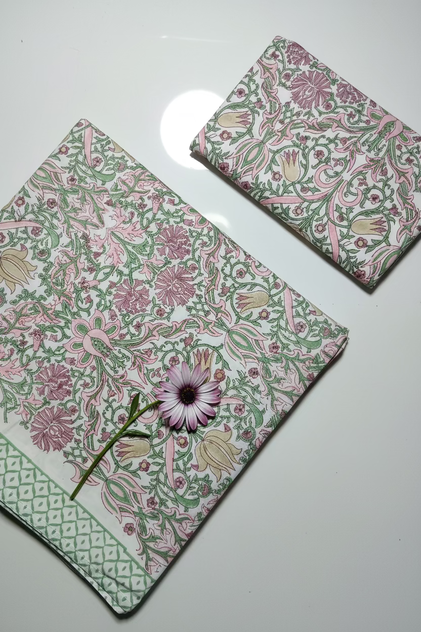 Bedsheets - King percale cotton handblock white lily  bedsheets