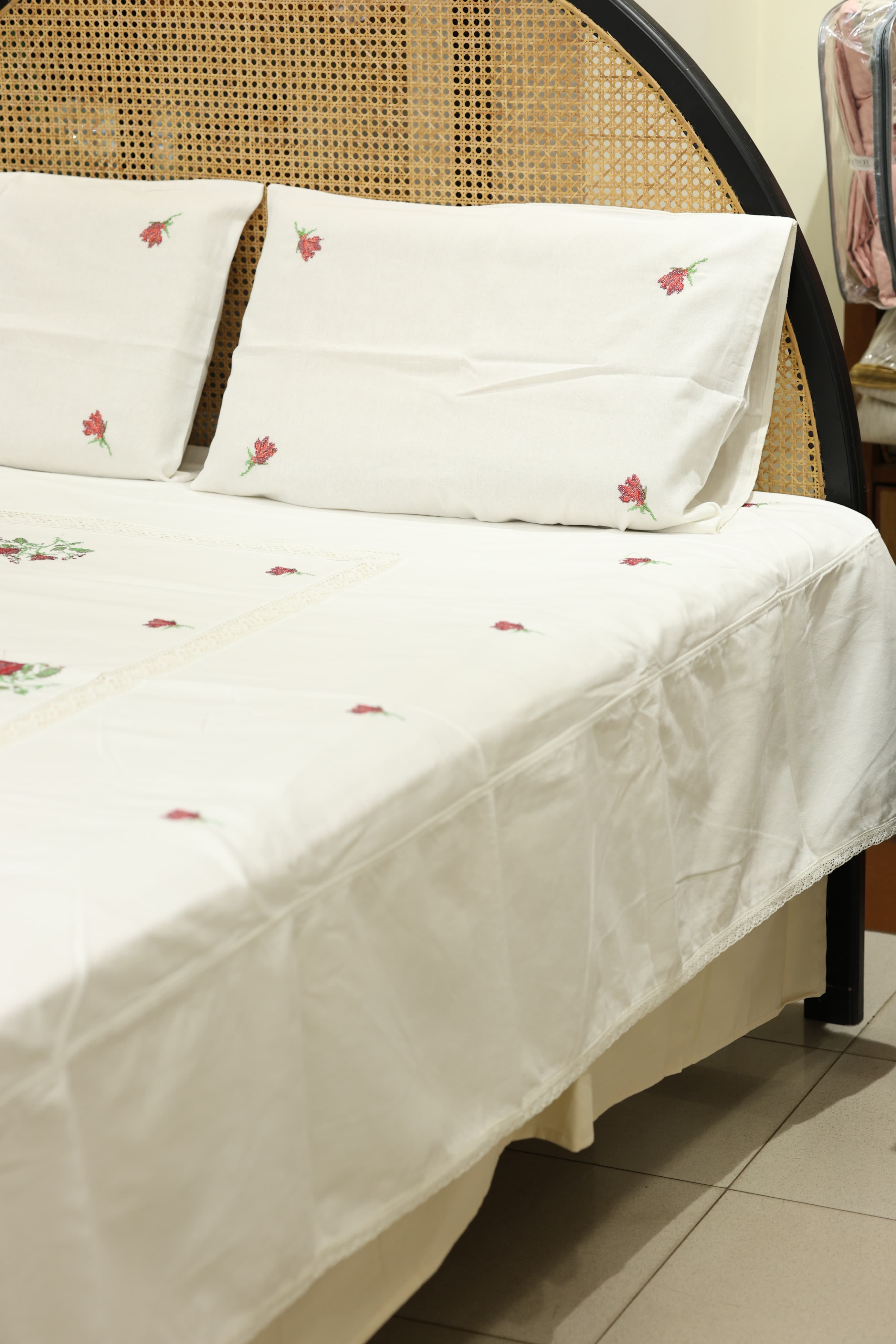 Premium Cross stitch Embroidery Cotton King Size Bedspread Set