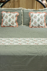 Bedsheets - Premium Queen check floral lace bedsheet with cushion covers bud
