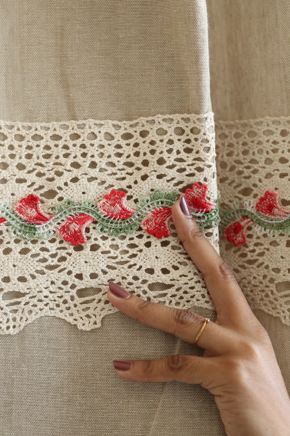Natural Beige Opaque Curtain with Red Floral Crochet Lace Trim