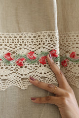 Natural Beige Opaque Curtain with Red Floral Crochet Lace Trim